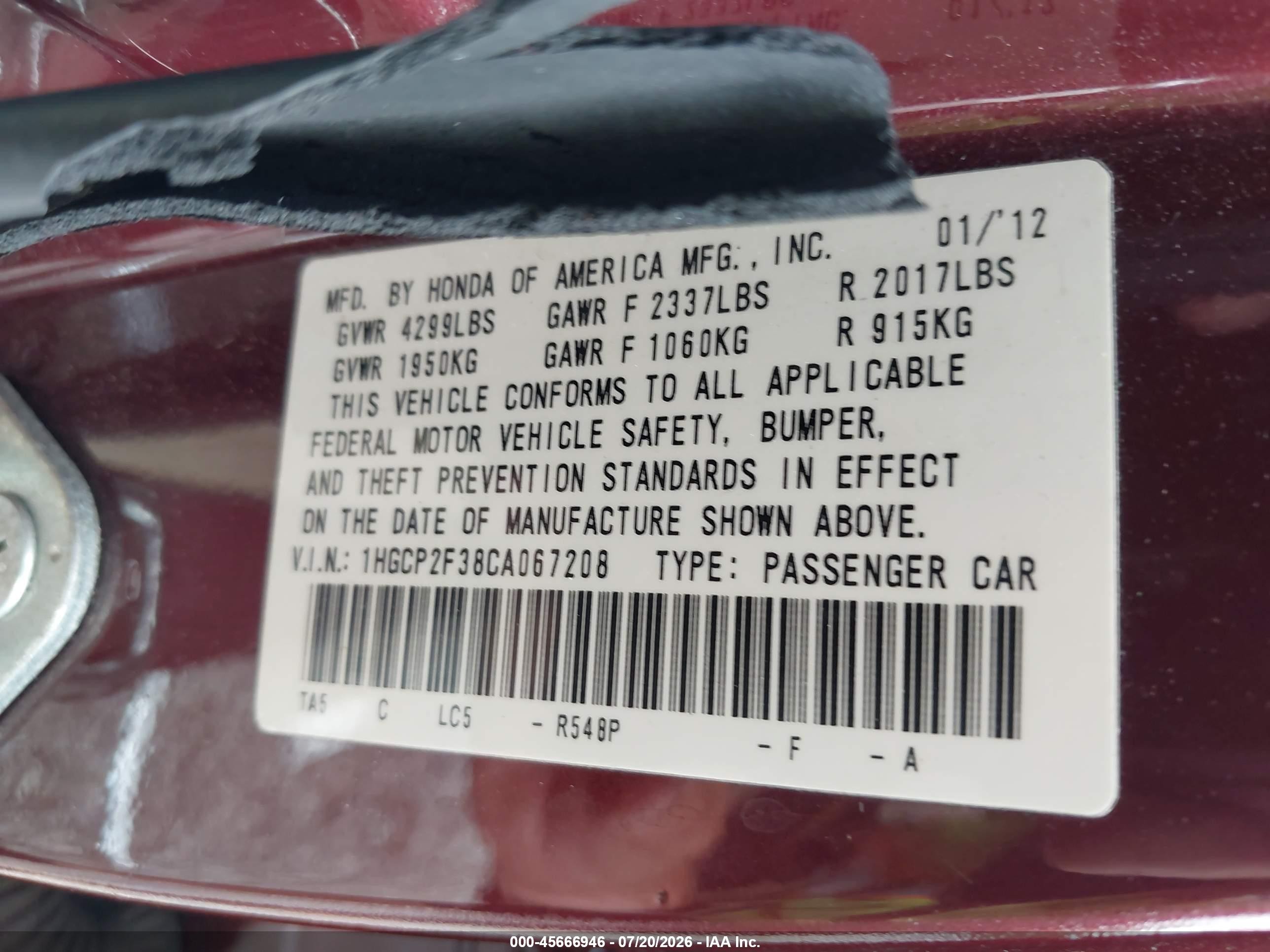 2012 Honda Accord 2.4 Lx Maroon vin: 1HGCP2F38CA067208