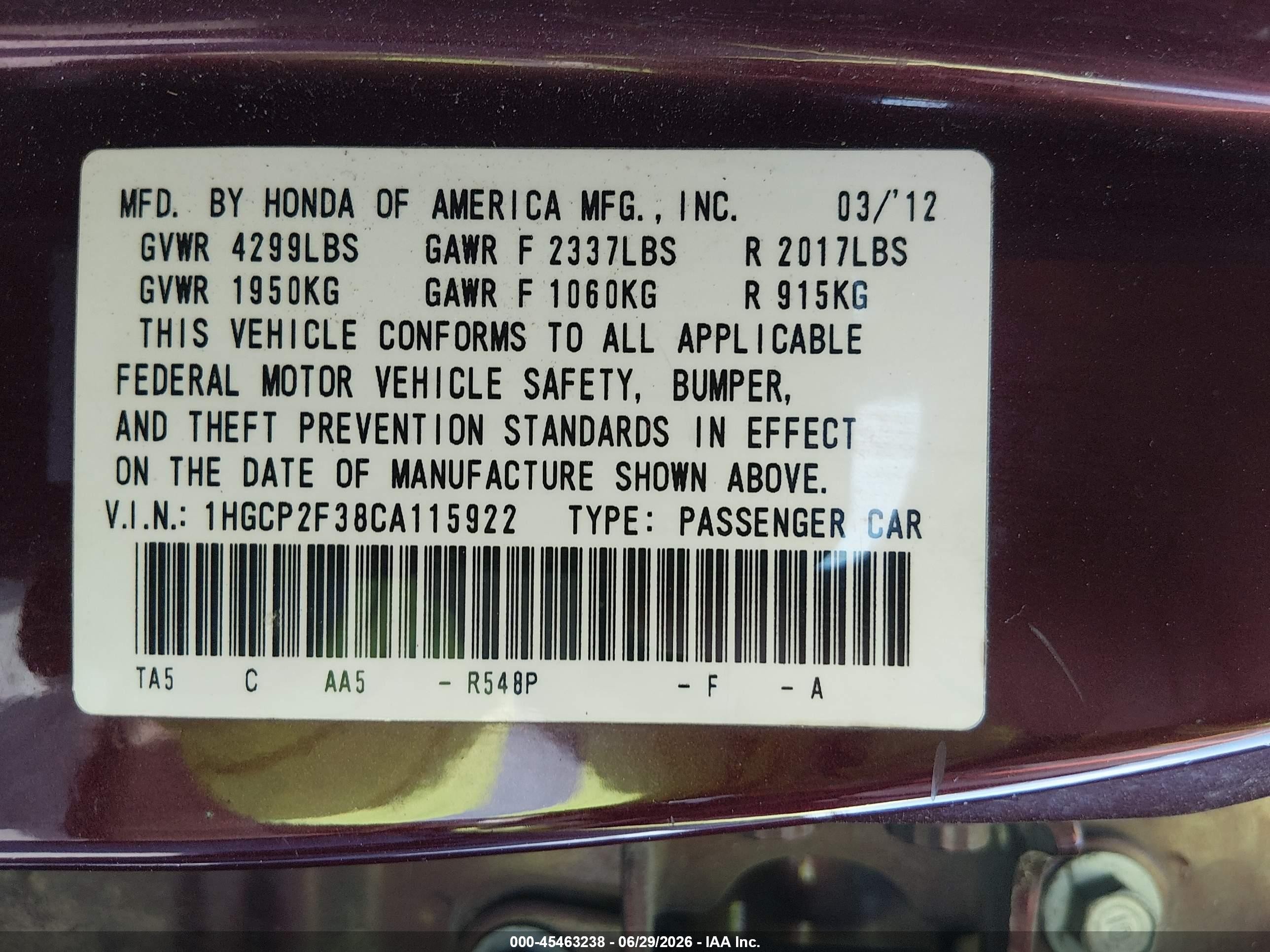 2012 Honda Accord 2.4 Lx Burgundy vin: 1HGCP2F38CA115922