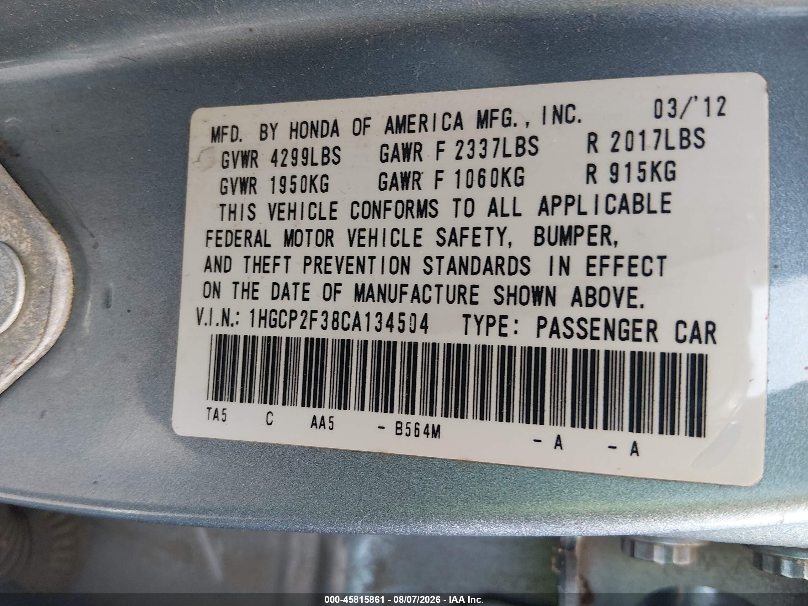 2012 Honda Accord 2.4 Lx Light Blue vin: 1HGCP2F38CA134504