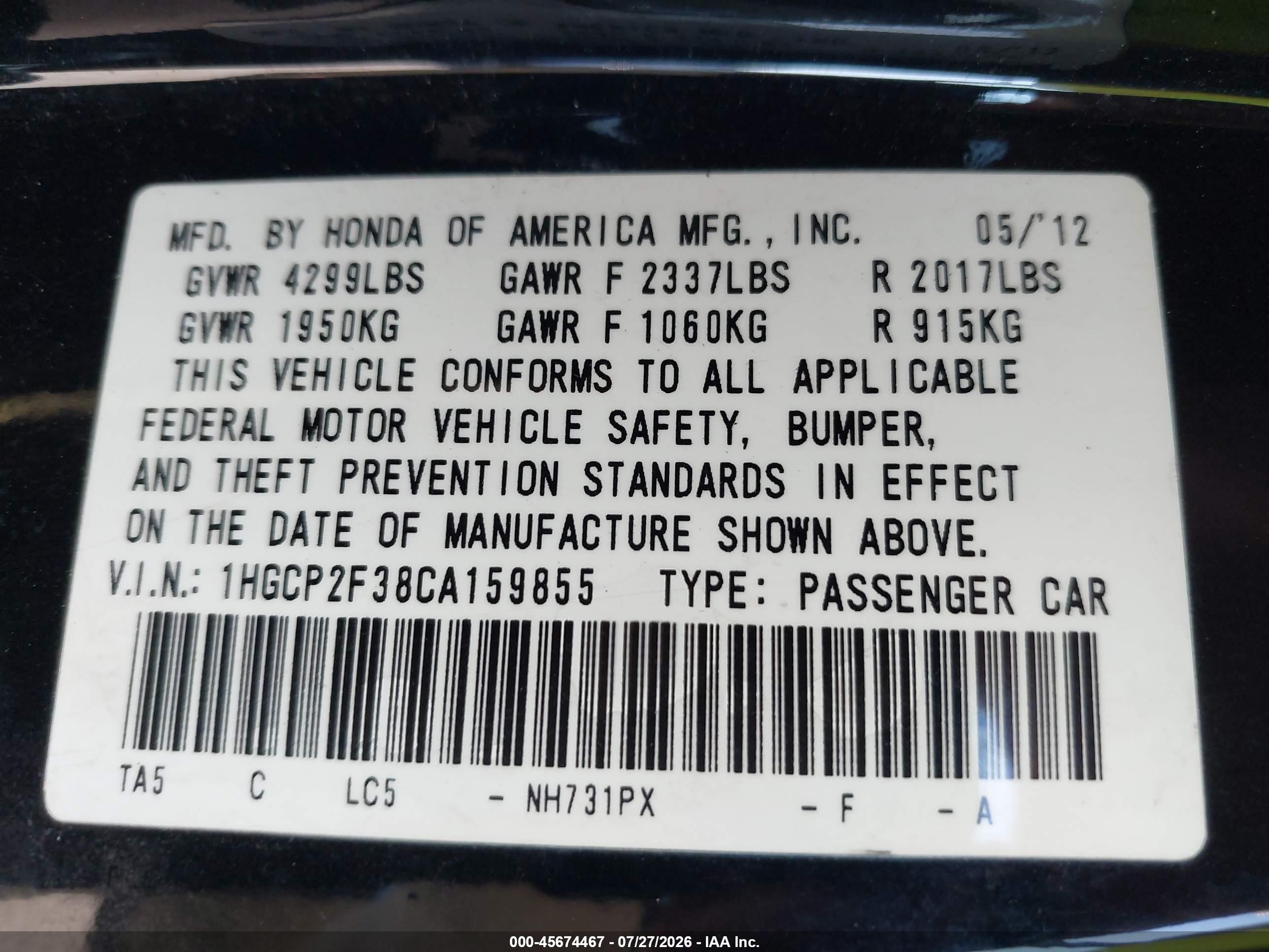 2012 Honda Accord 2.4 Lx Black vin: 1HGCP2F38CA159855