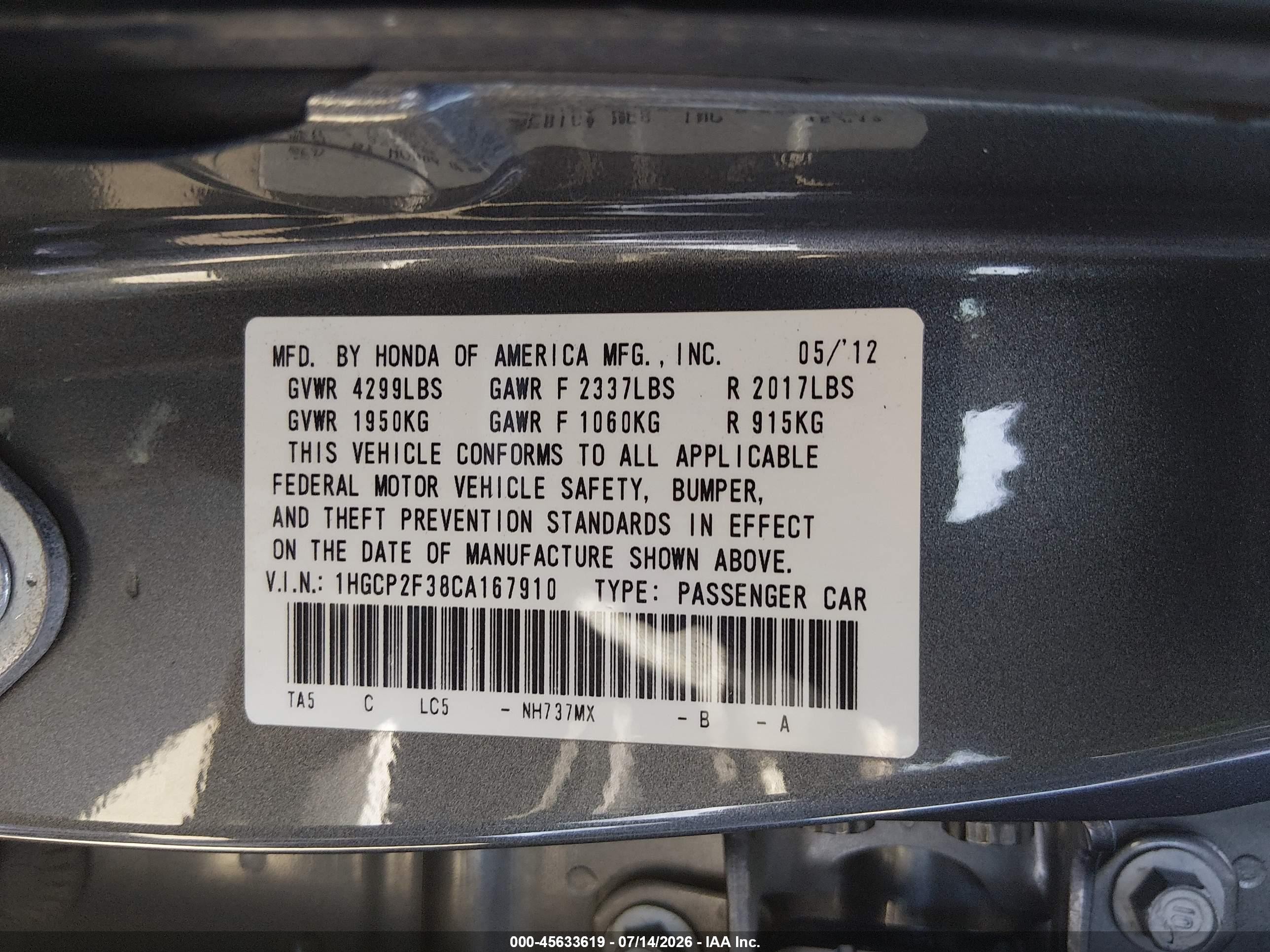 2012 Honda Accord 2.4 Lx Gray vin: 1HGCP2F38CA167910