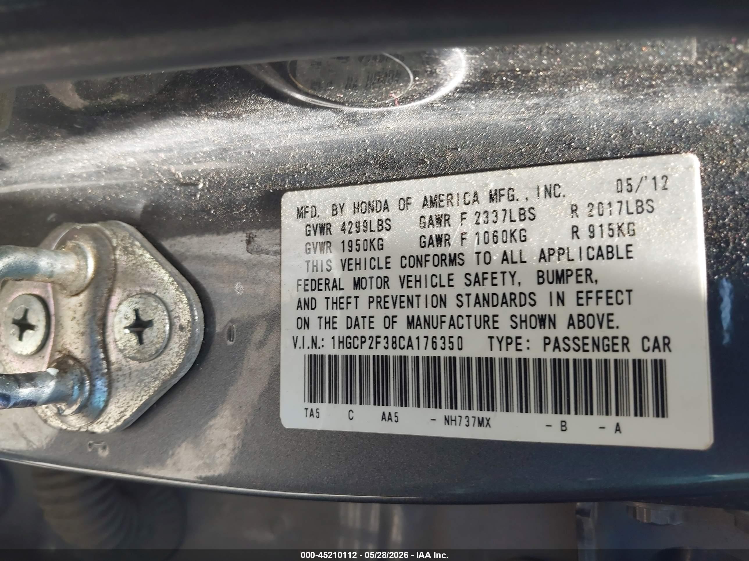 2012 Honda Accord 2.4 Lx Gray vin: 1HGCP2F38CA176350