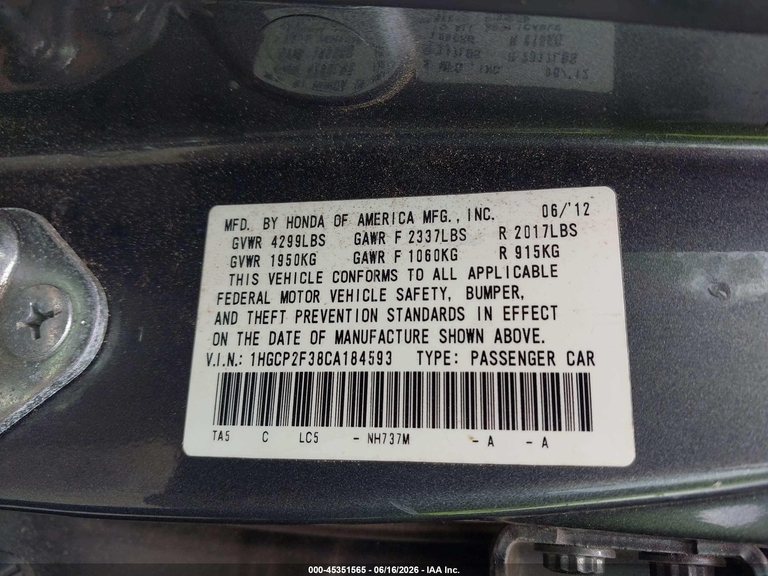 2012 Honda Accord 2.4 Lx Gray vin: 1HGCP2F38CA184593