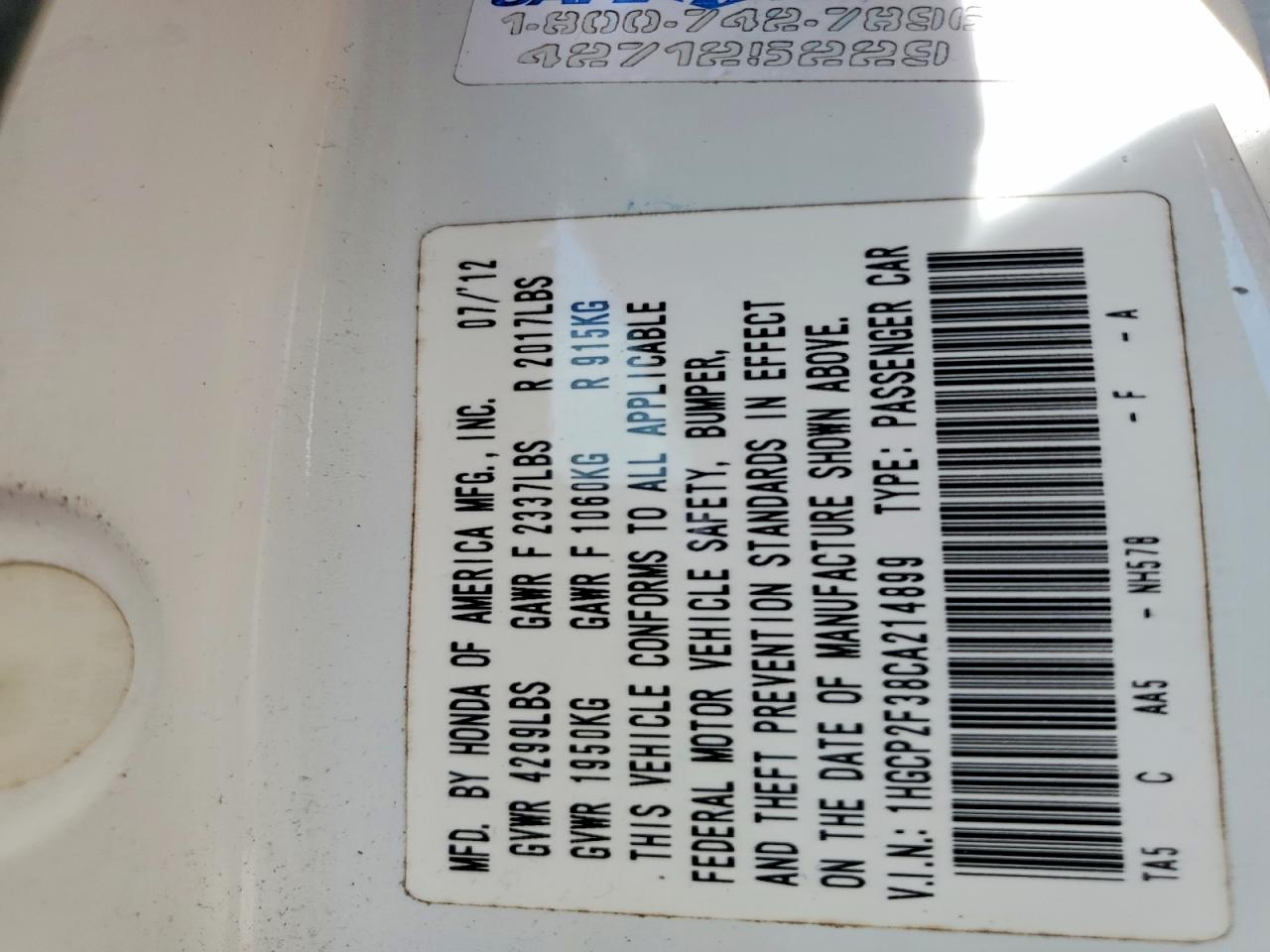 2012 Honda Accord Lx White vin: 1HGCP2F38CA214899