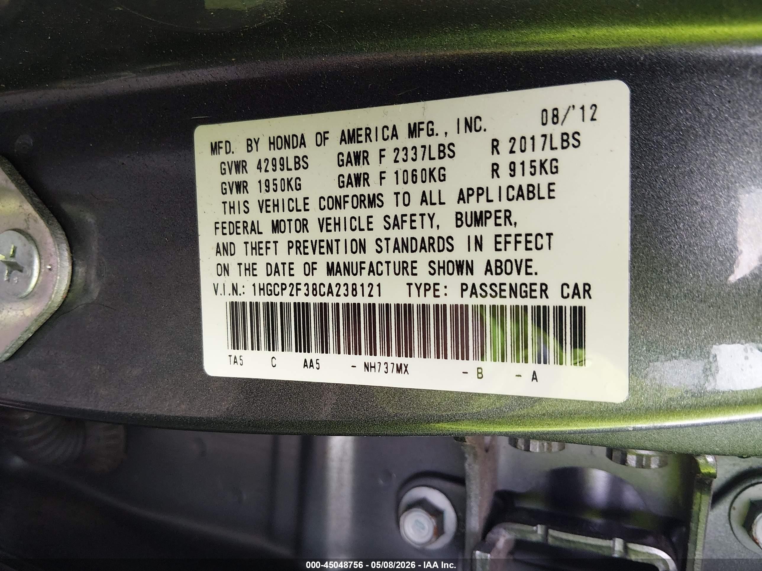 2012 Honda Accord 2.4 Lx Gray vin: 1HGCP2F38CA238121