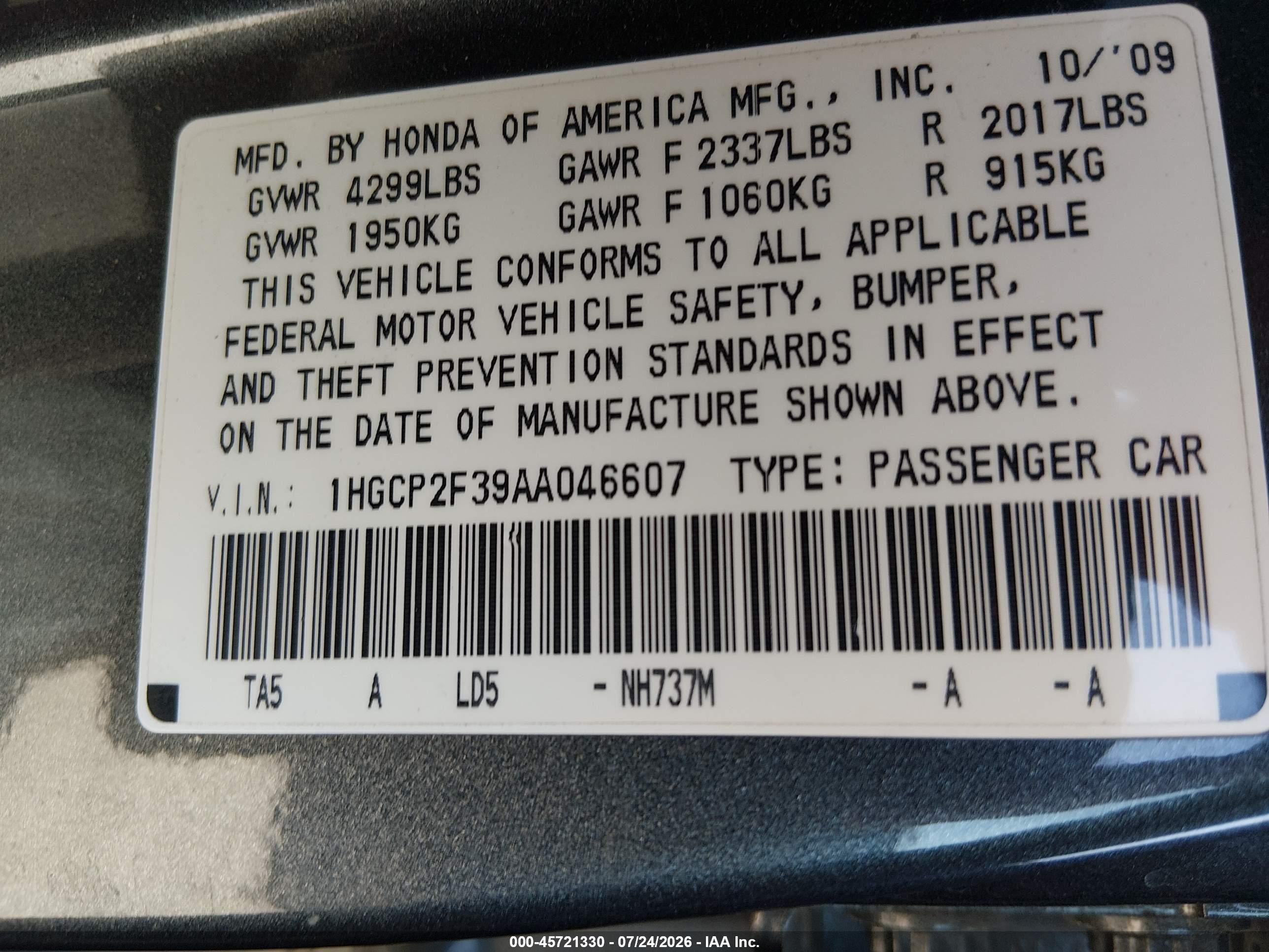 2010 Honda Accord 2.4 Lx Gray vin: 1HGCP2F39AA046607