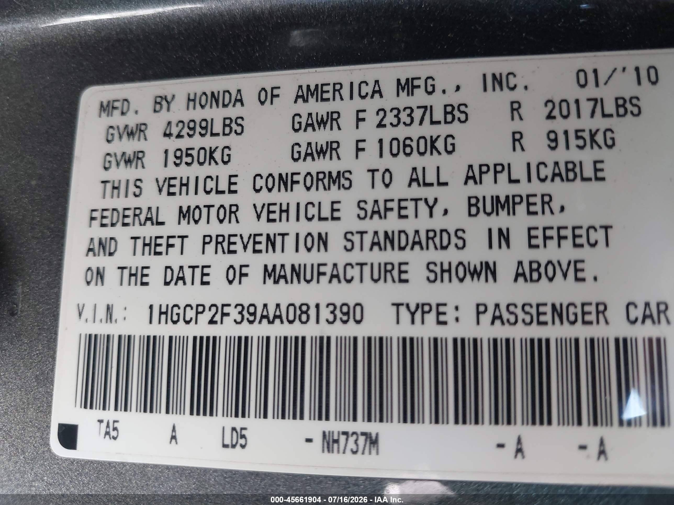2010 Honda Accord 2.4 Lx Gray vin: 1HGCP2F39AA081390