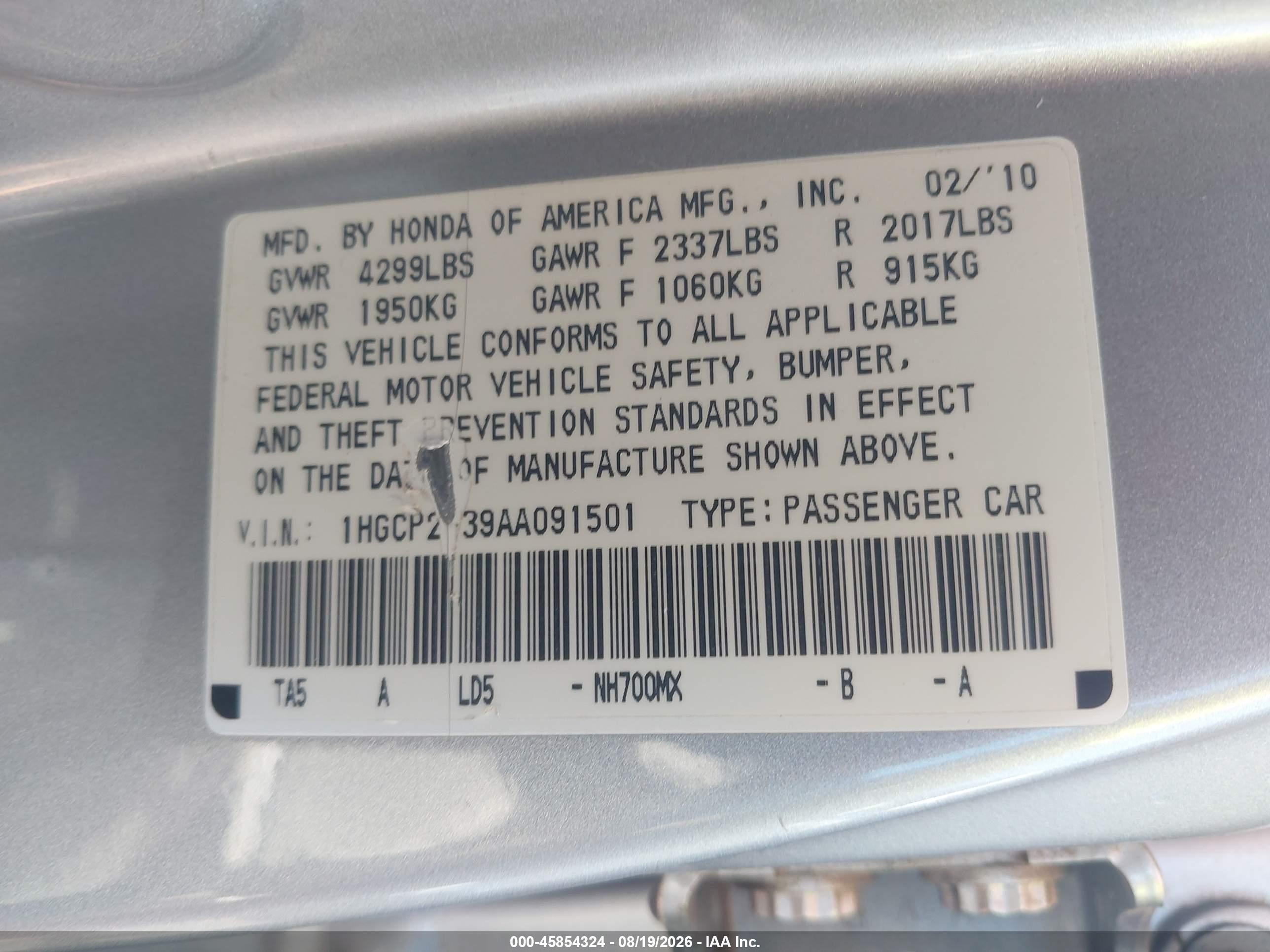 2010 Honda Accord 2.4 Lx Silver vin: 1HGCP2F39AA091501