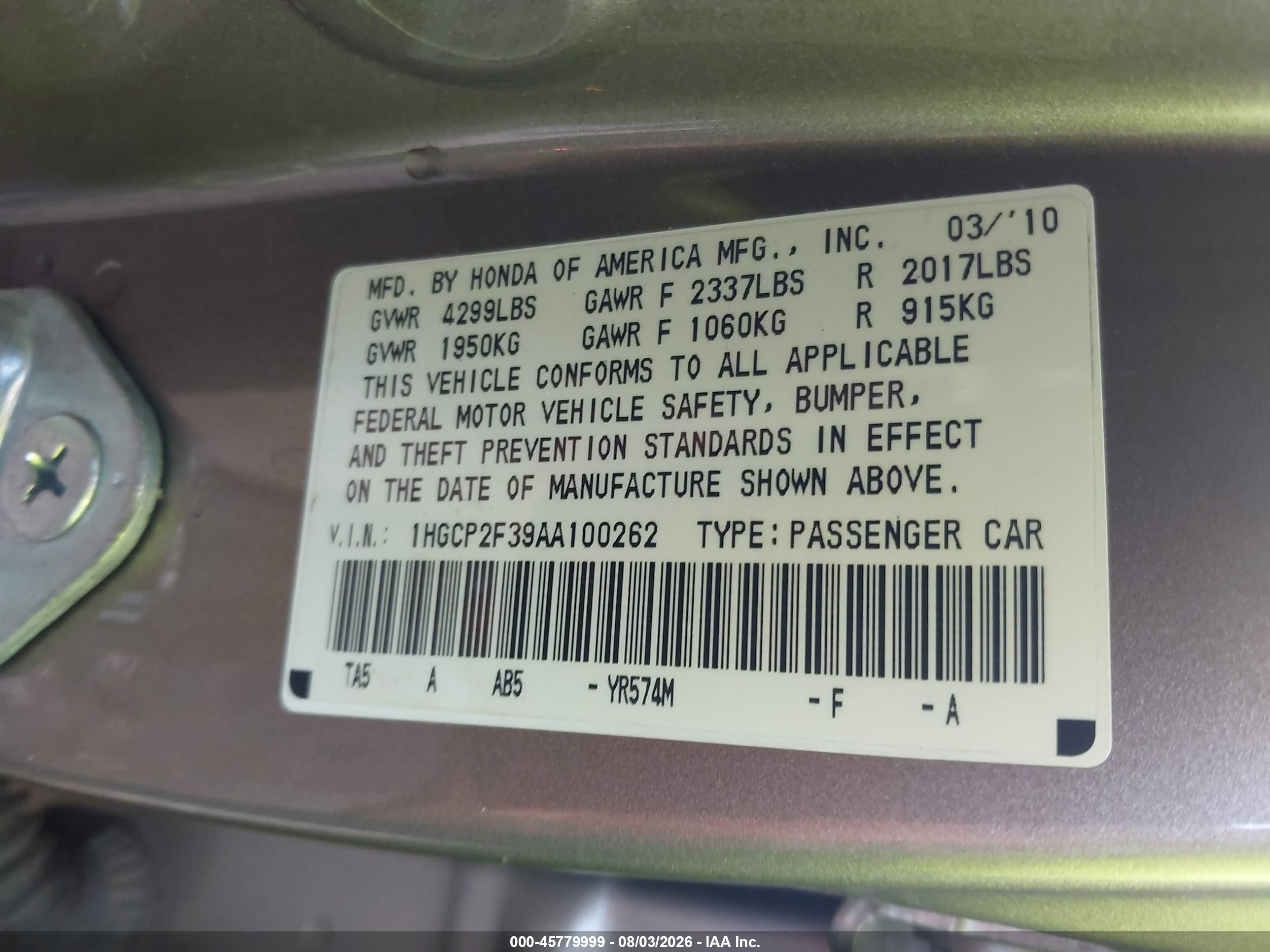 2010 Honda Accord 2.4 Lx Gold vin: 1HGCP2F39AA100262