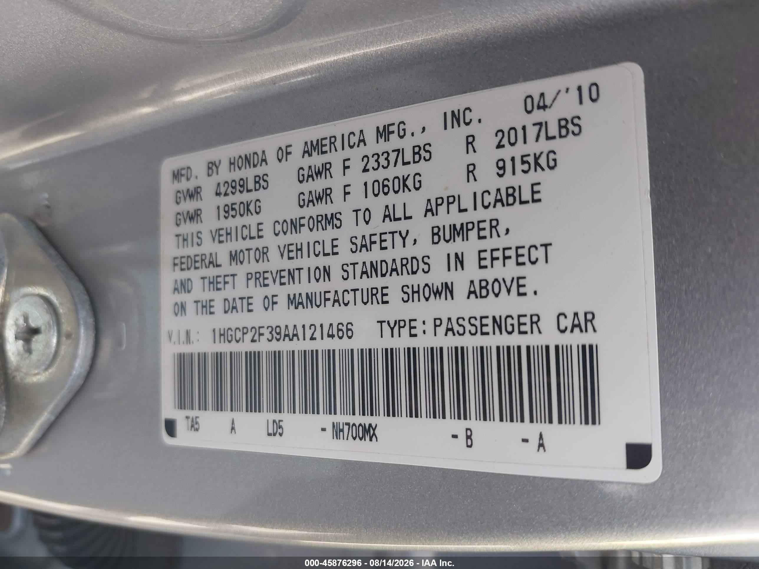 2010 Honda Accord 2.4 Lx Silver vin: 1HGCP2F39AA121466