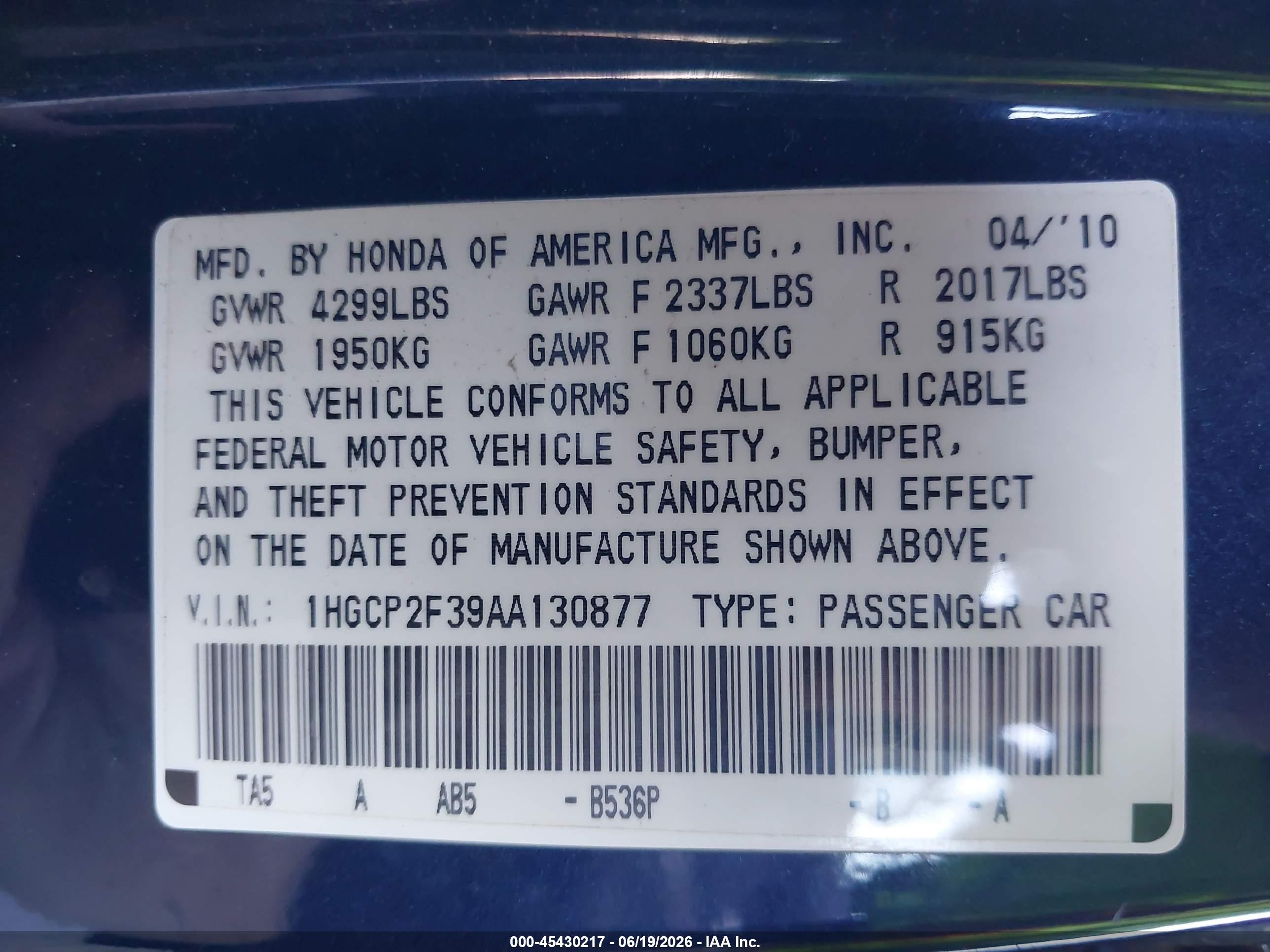 2010 Honda Accord 2.4 Lx Navy vin: 1HGCP2F39AA130877