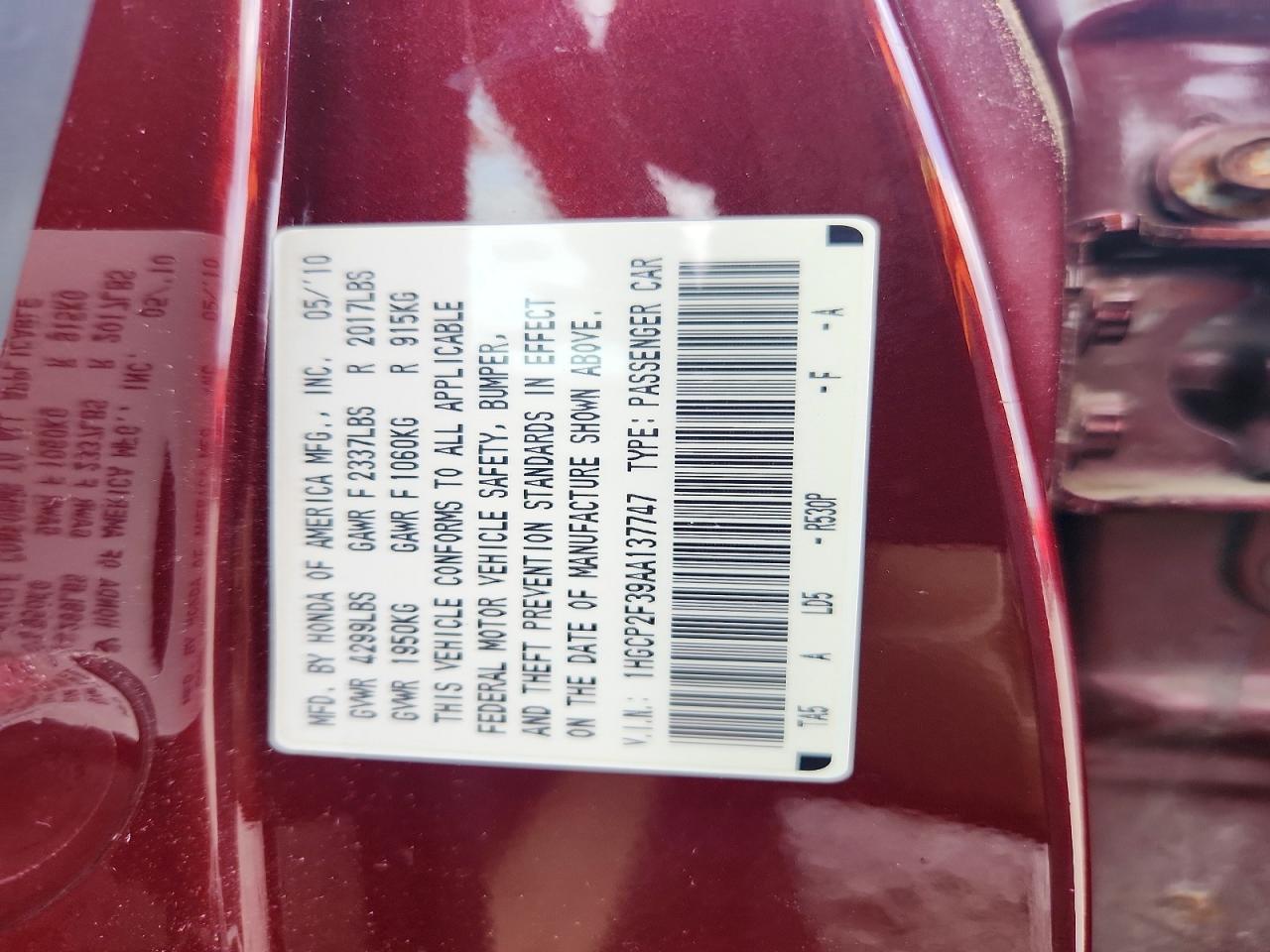 2010 Honda Accord Lx Maroon vin: 1HGCP2F39AA137747