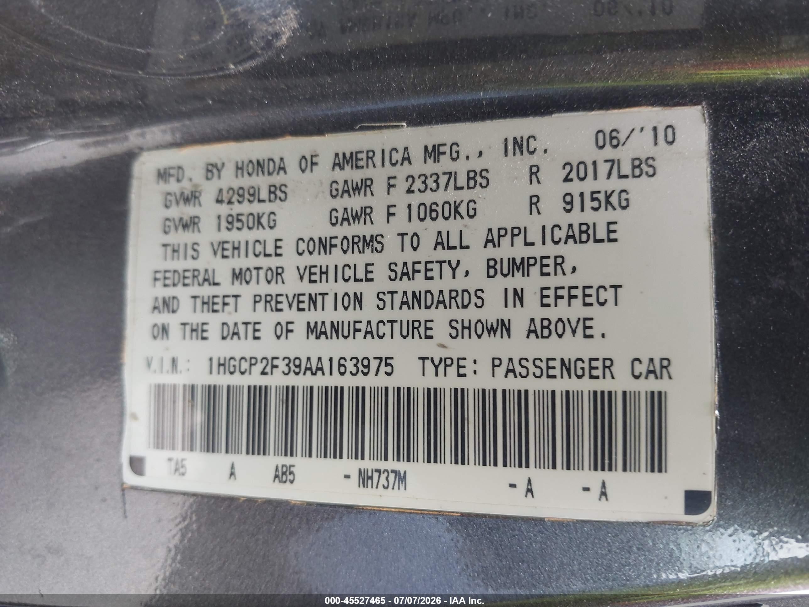 2010 Honda Accord 2.4 Lx Gray vin: 1HGCP2F39AA163975