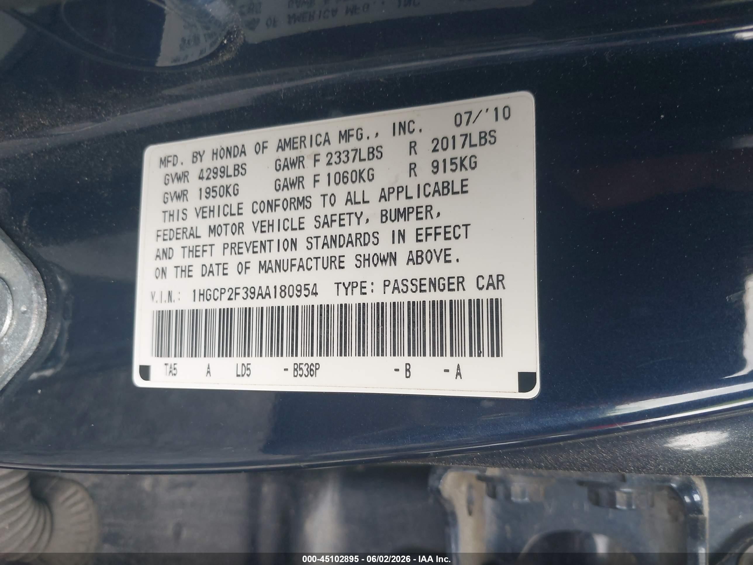 2010 Honda Accord 2.4 Lx Dark Blue vin: 1HGCP2F39AA180954