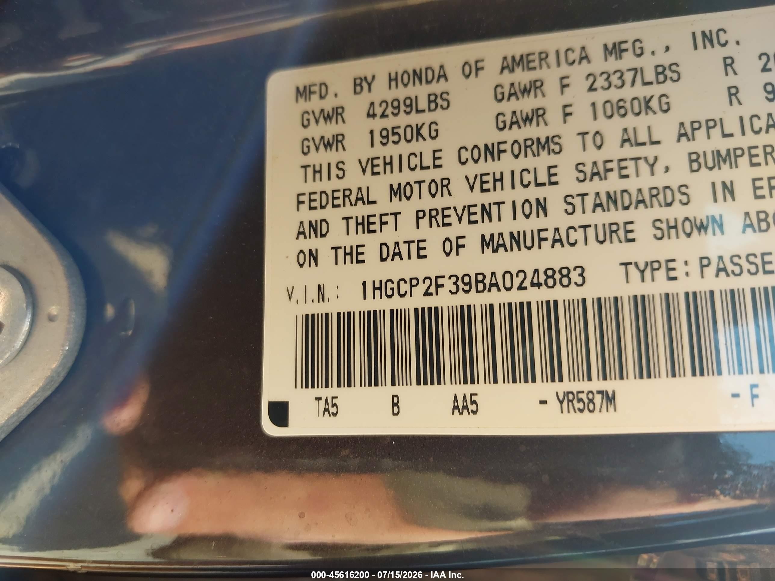 2011 Honda Accord 2.4 Lx Purple vin: 1HGCP2F39BA024883