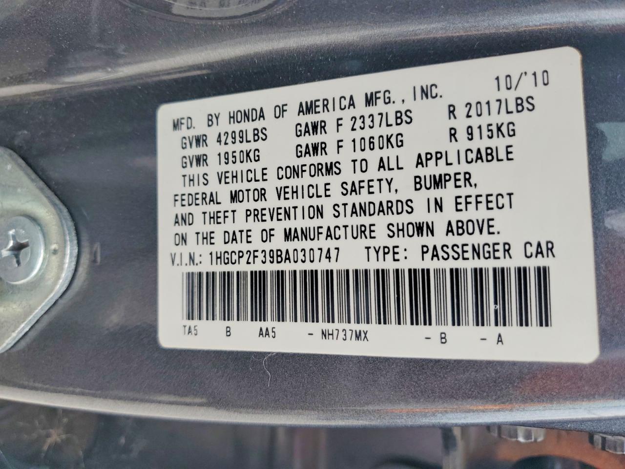 2011 Honda Accord Lx Gray vin: 1HGCP2F39BA030747