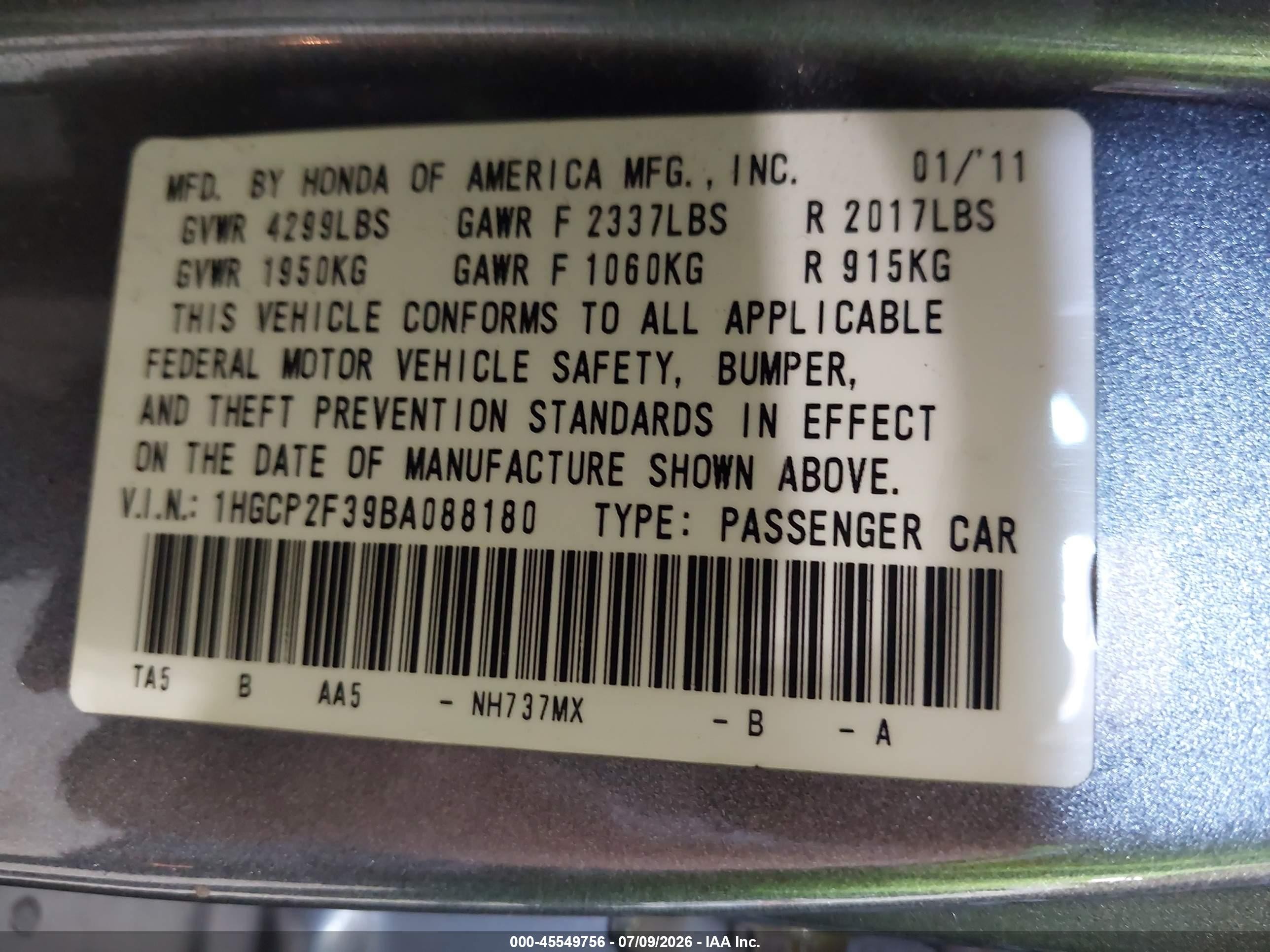 2011 Honda Accord 2.4 Lx Gray vin: 1HGCP2F39BA088180