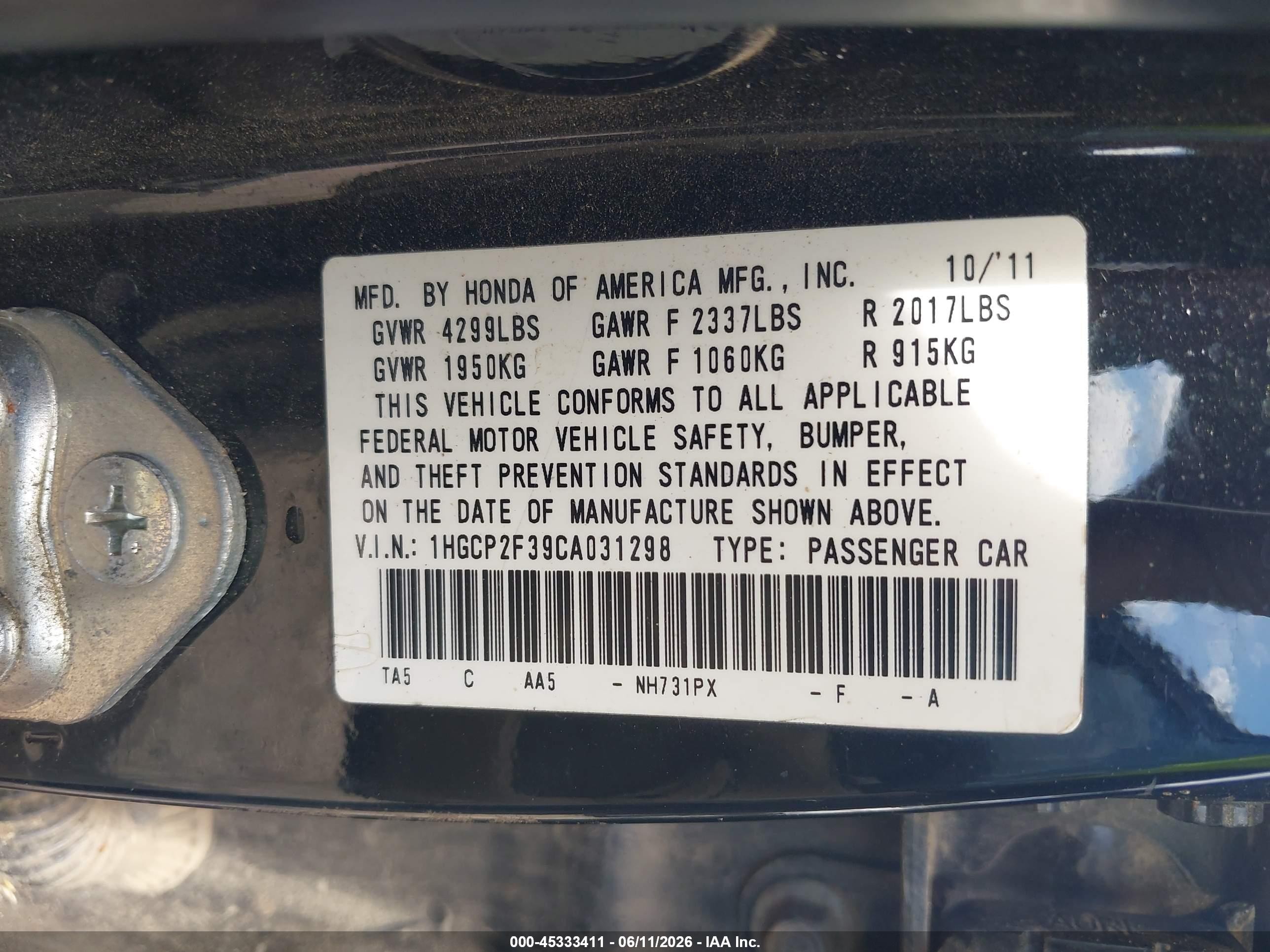 2012 Honda Accord 2.4 Lx Black vin: 1HGCP2F39CA031298