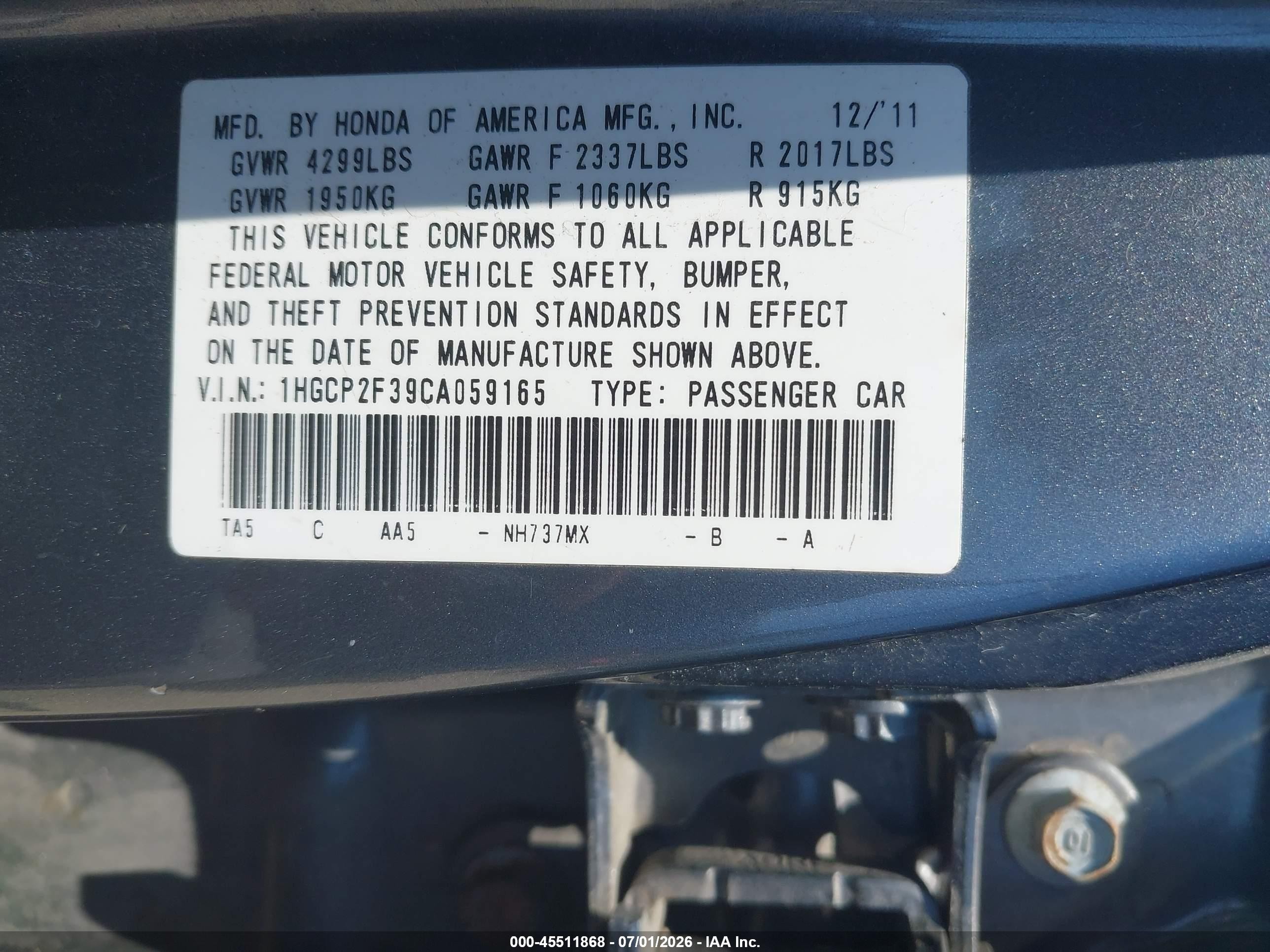2012 Honda Accord 2.4 Lx Серый vin: 1HGCP2F39CA059165