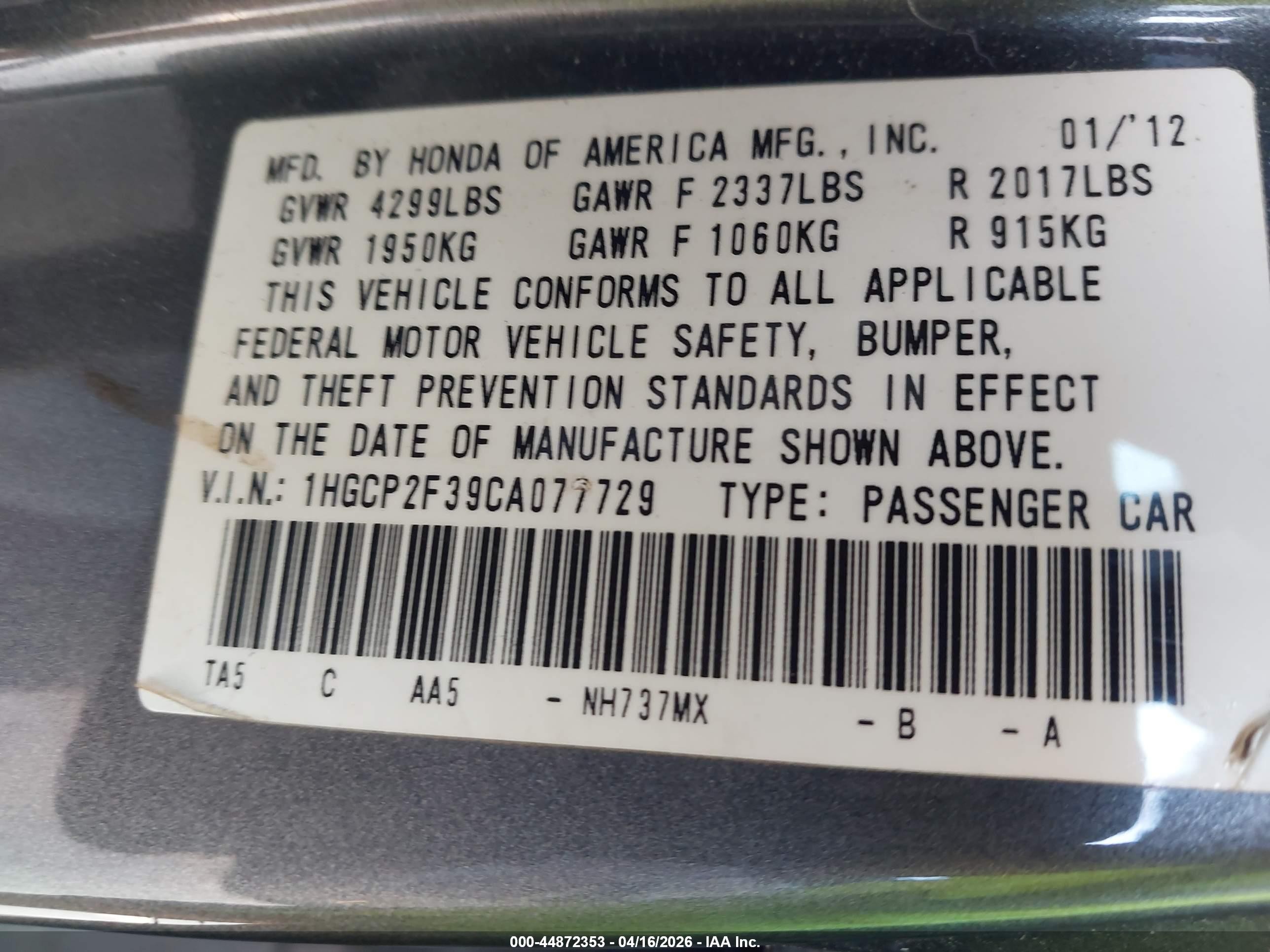 2012 Honda Accord 2.4 Lx Gray vin: 1HGCP2F39CA077729