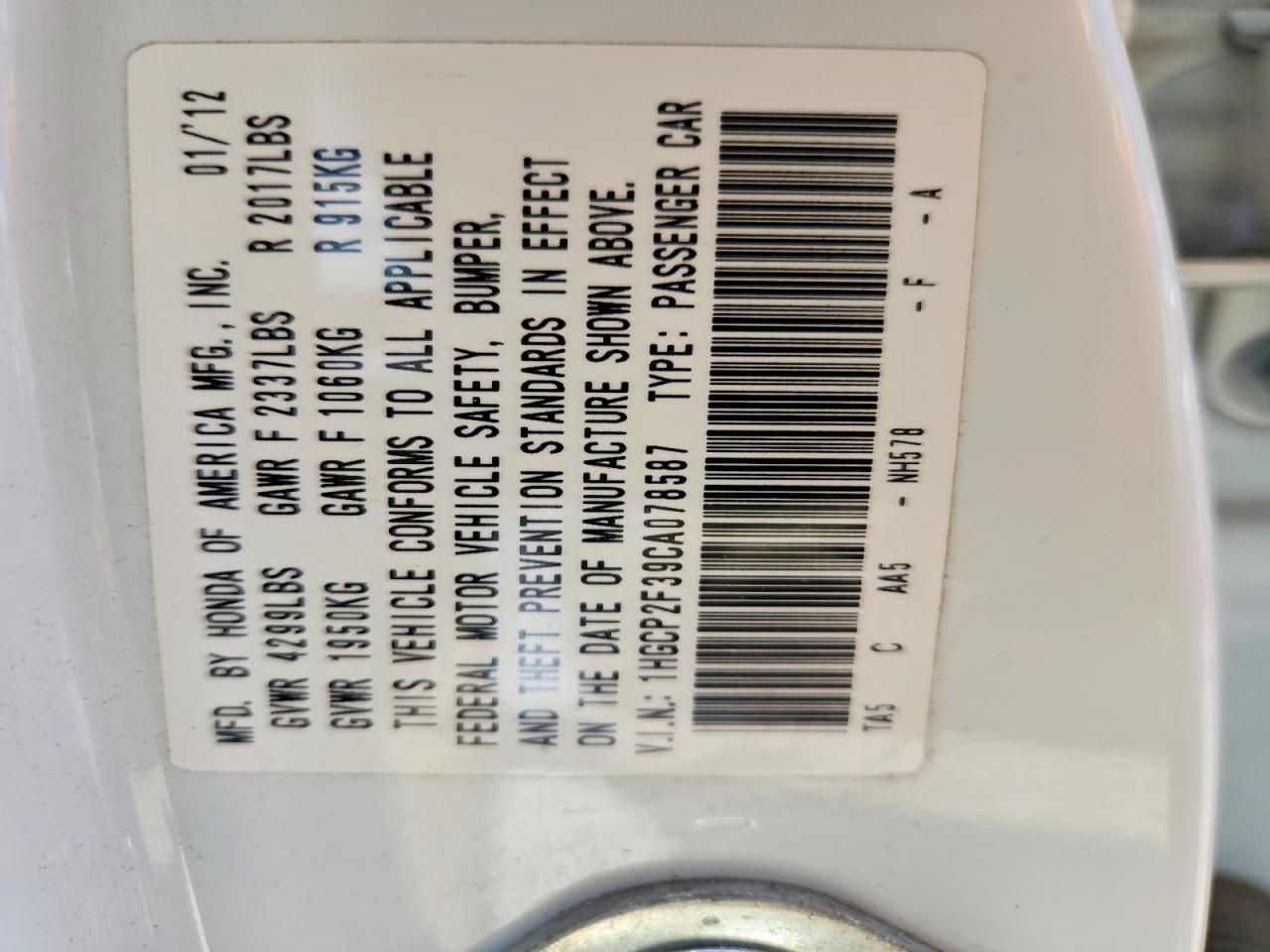 2012 Honda Accord Lx White vin: 1HGCP2F39CA078587