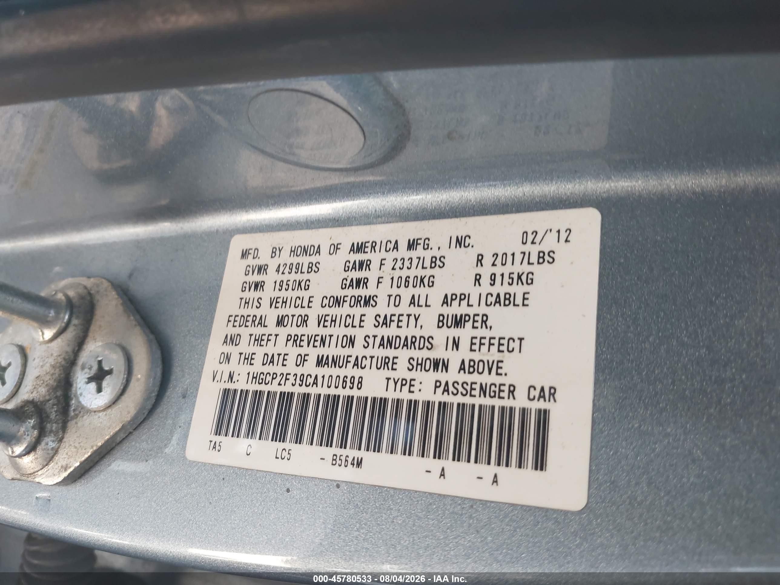 2012 Honda Accord Sdn Lx Blue vin: 1HGCP2F39CA100698