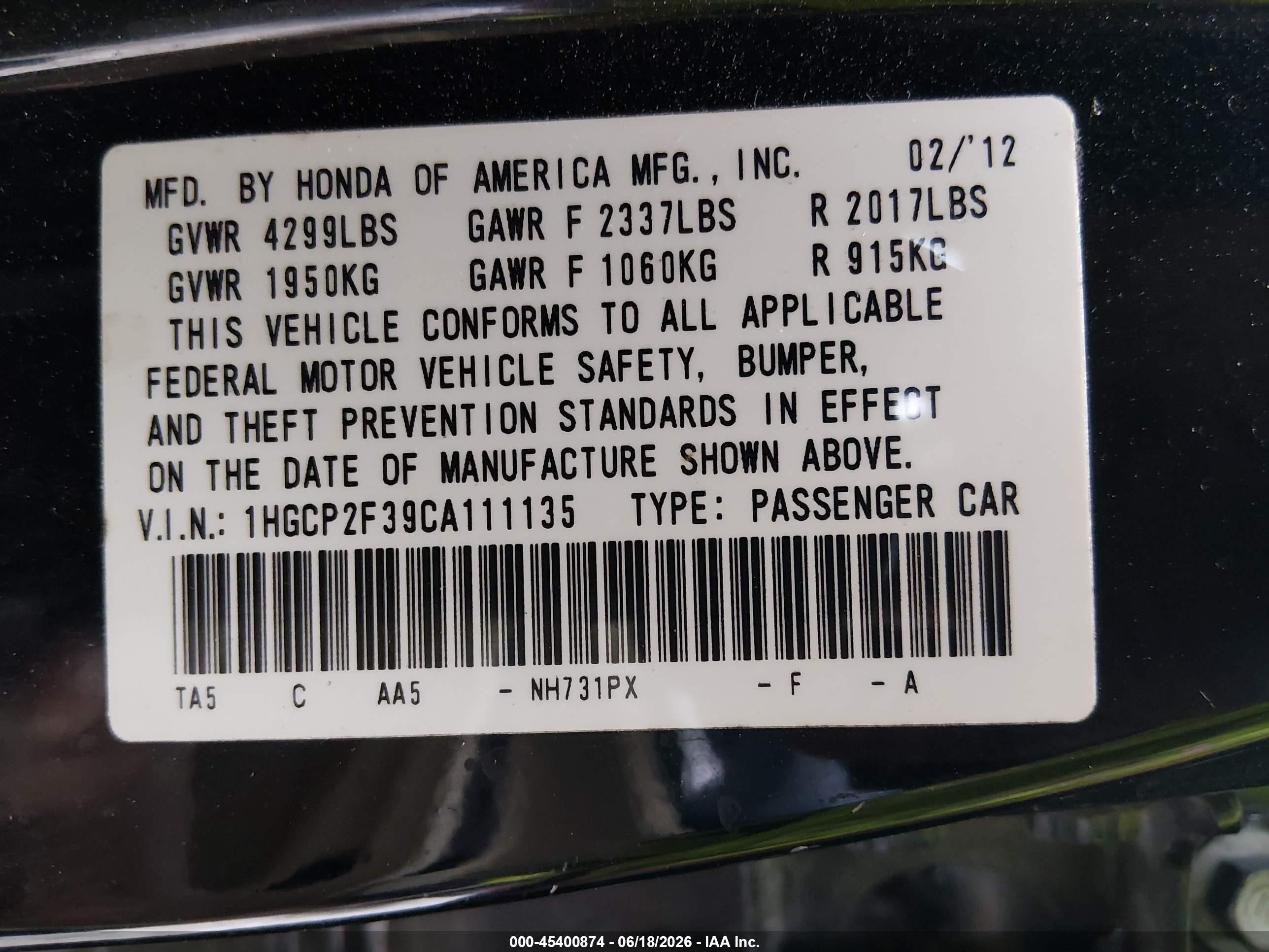 2012 Honda Accord 2.4 Lx Black vin: 1HGCP2F39CA111135