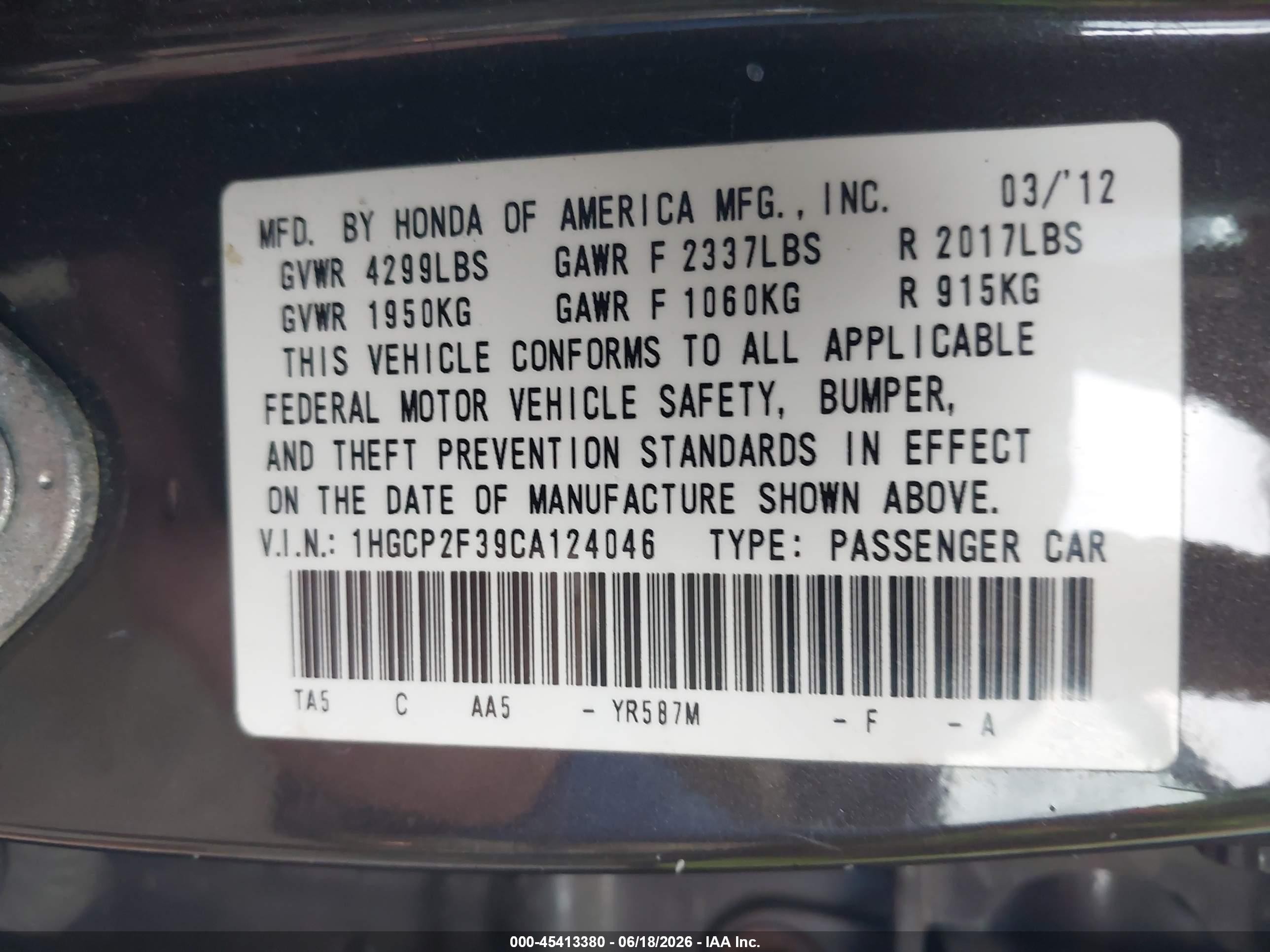 2012 Honda Accord 2.4 Lx Gray vin: 1HGCP2F39CA124046