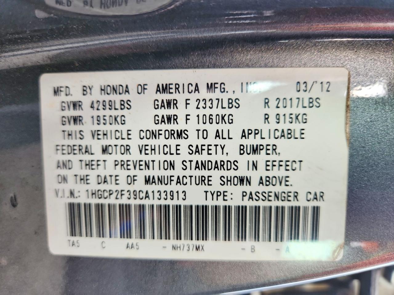 2012 Honda Accord Lx Gray vin: 1HGCP2F39CA133913