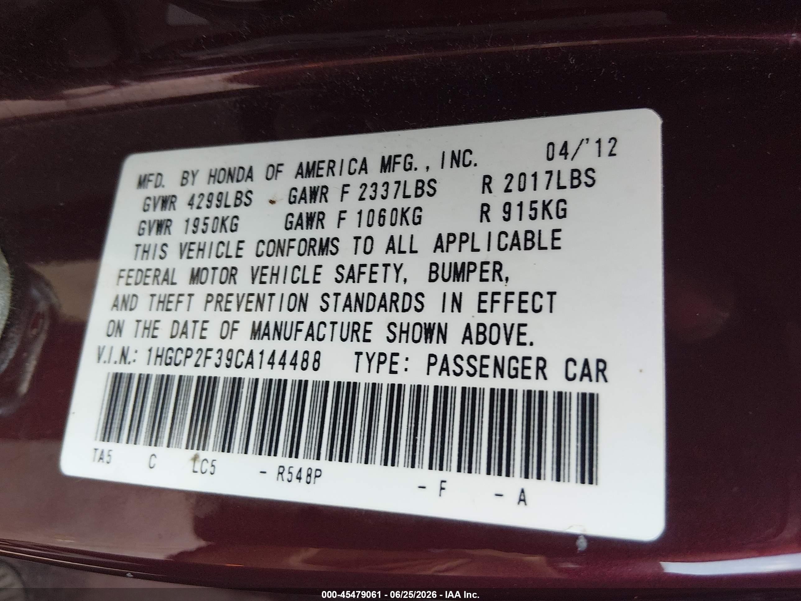 2012 Honda Accord 2.4 Lx Burgundy vin: 1HGCP2F39CA144488