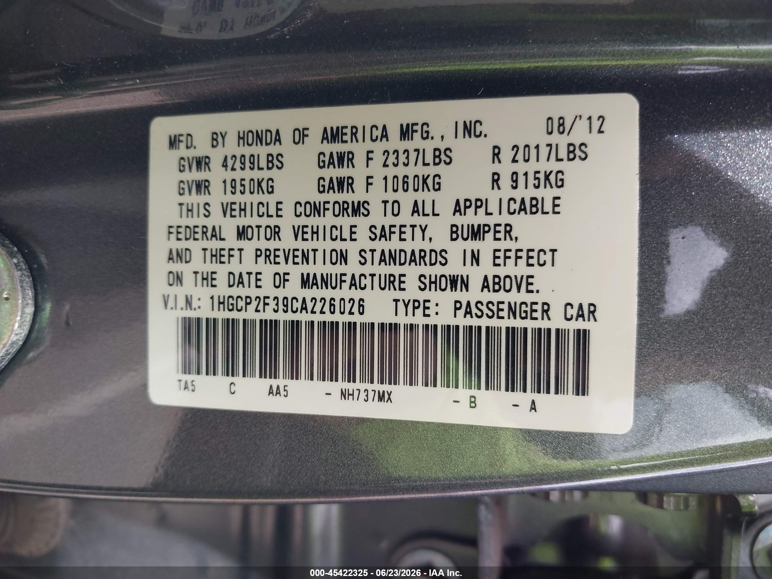 2012 Honda Accord 2.4 Lx Gray vin: 1HGCP2F39CA226026