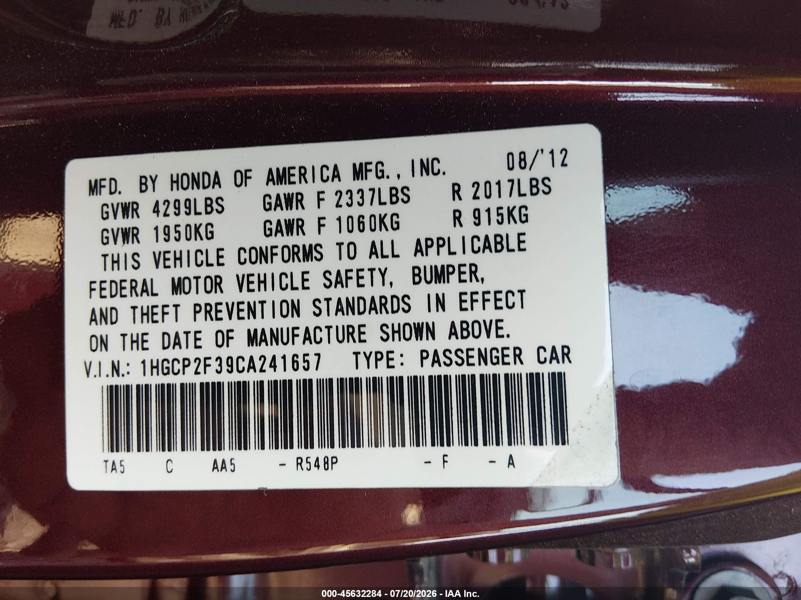 2012 Honda Accord Sdn Lx Темно-бордовый vin: 1HGCP2F39CA241657