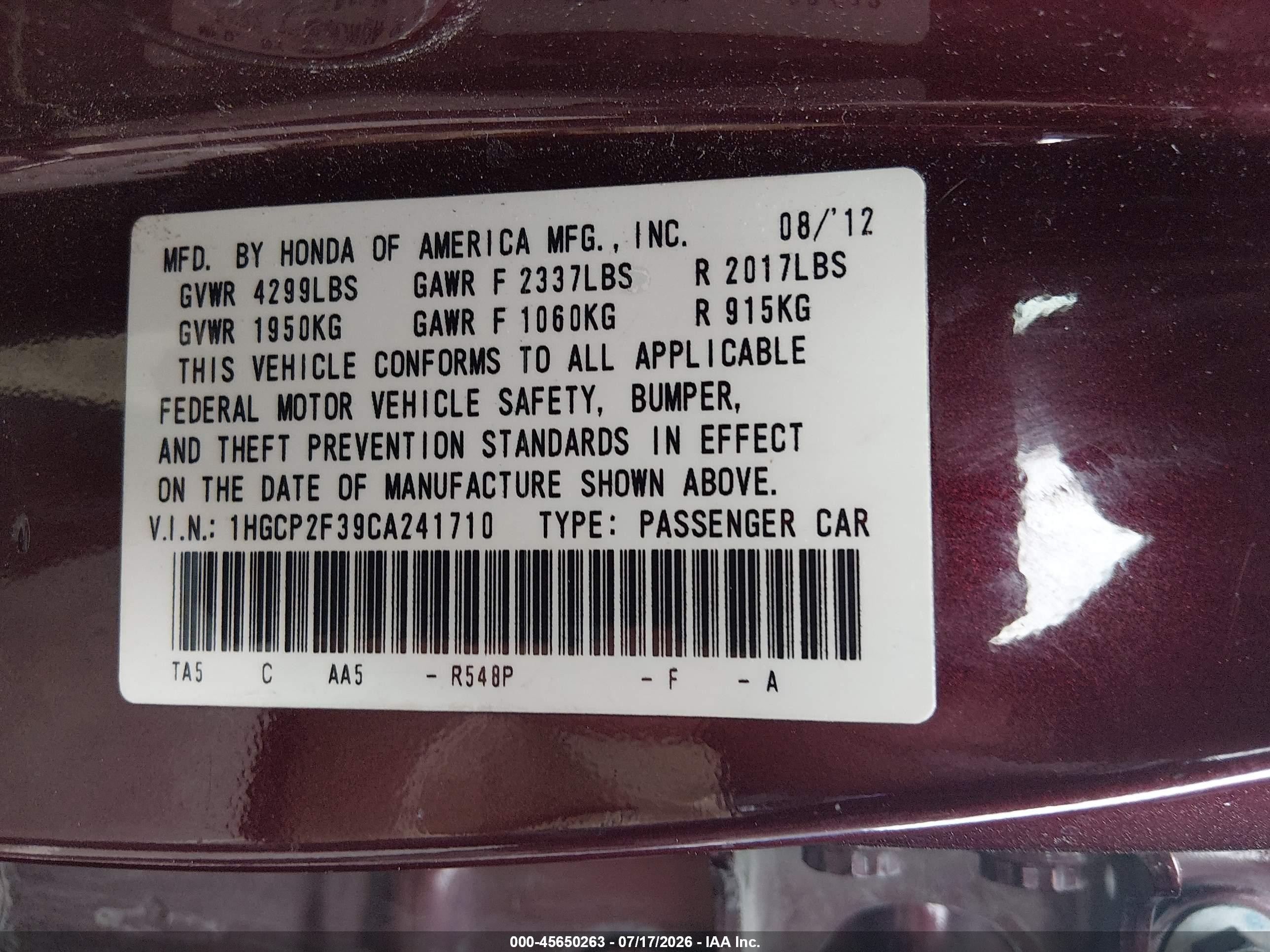 2012 Honda Accord Sdn Lx Бордовый vin: 1HGCP2F39CA241710