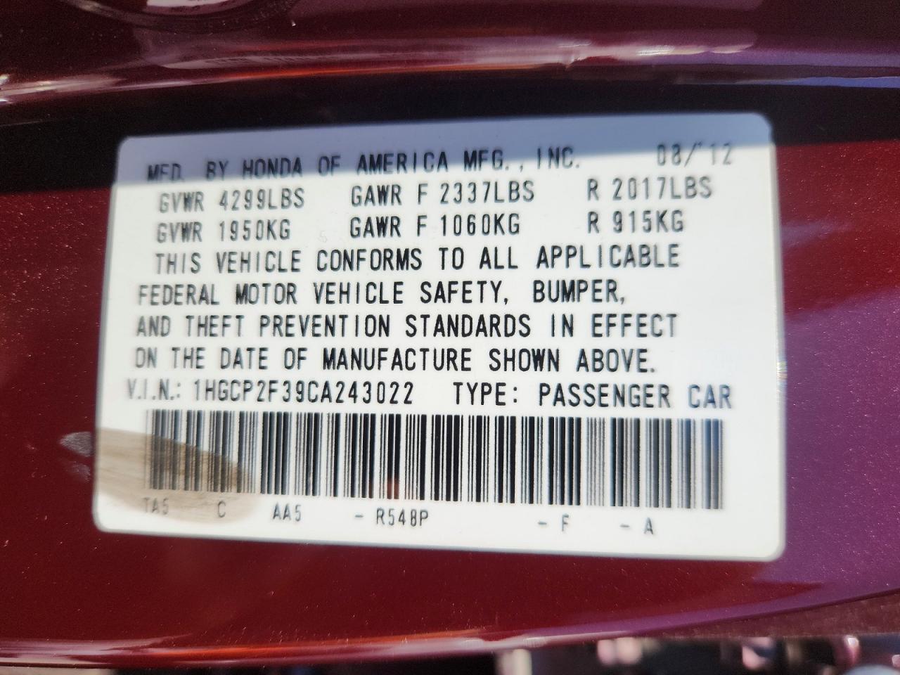 2012 Honda Accord Lx Burgundy vin: 1HGCP2F39CA243022