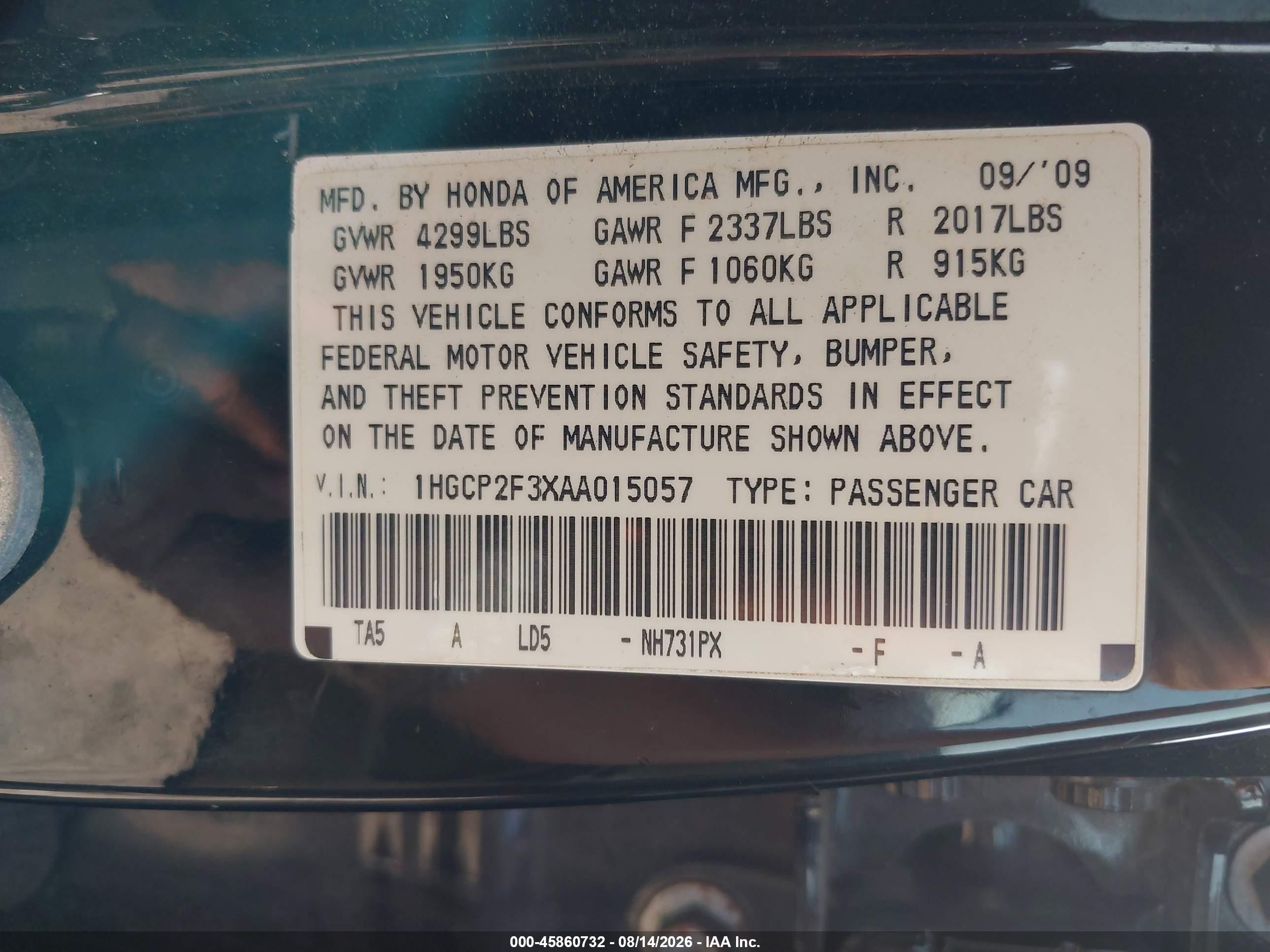 2010 Honda Accord 2.4 Lx Dark Blue vin: 1HGCP2F3XAA015057