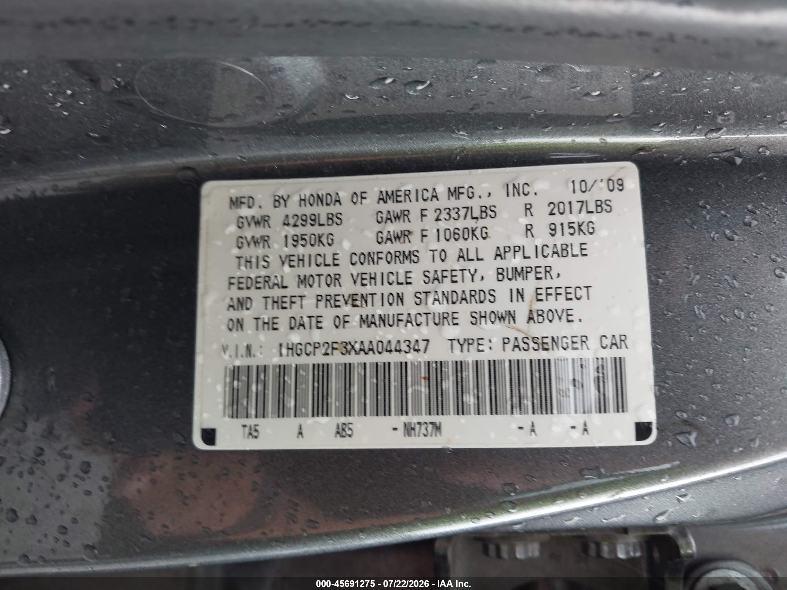 2010 Honda Accord 2.4 Lx Gray vin: 1HGCP2F3XAA044347