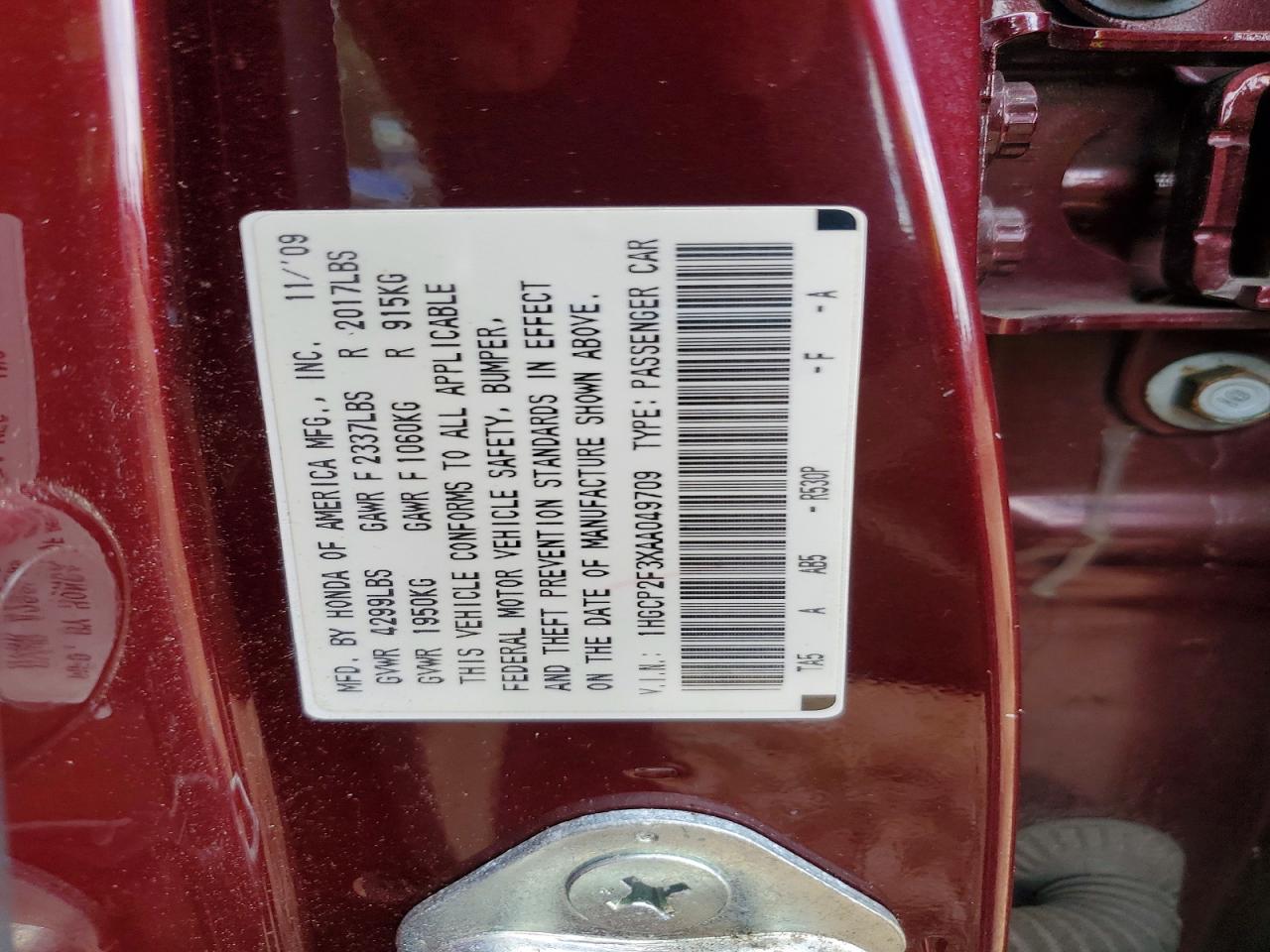 2010 Honda Accord Lx Темно-бордовый vin: 1HGCP2F3XAA049709