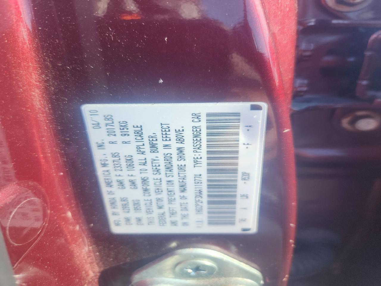 2010 Honda Accord Lx Burgundy vin: 1HGCP2F3XAA119774