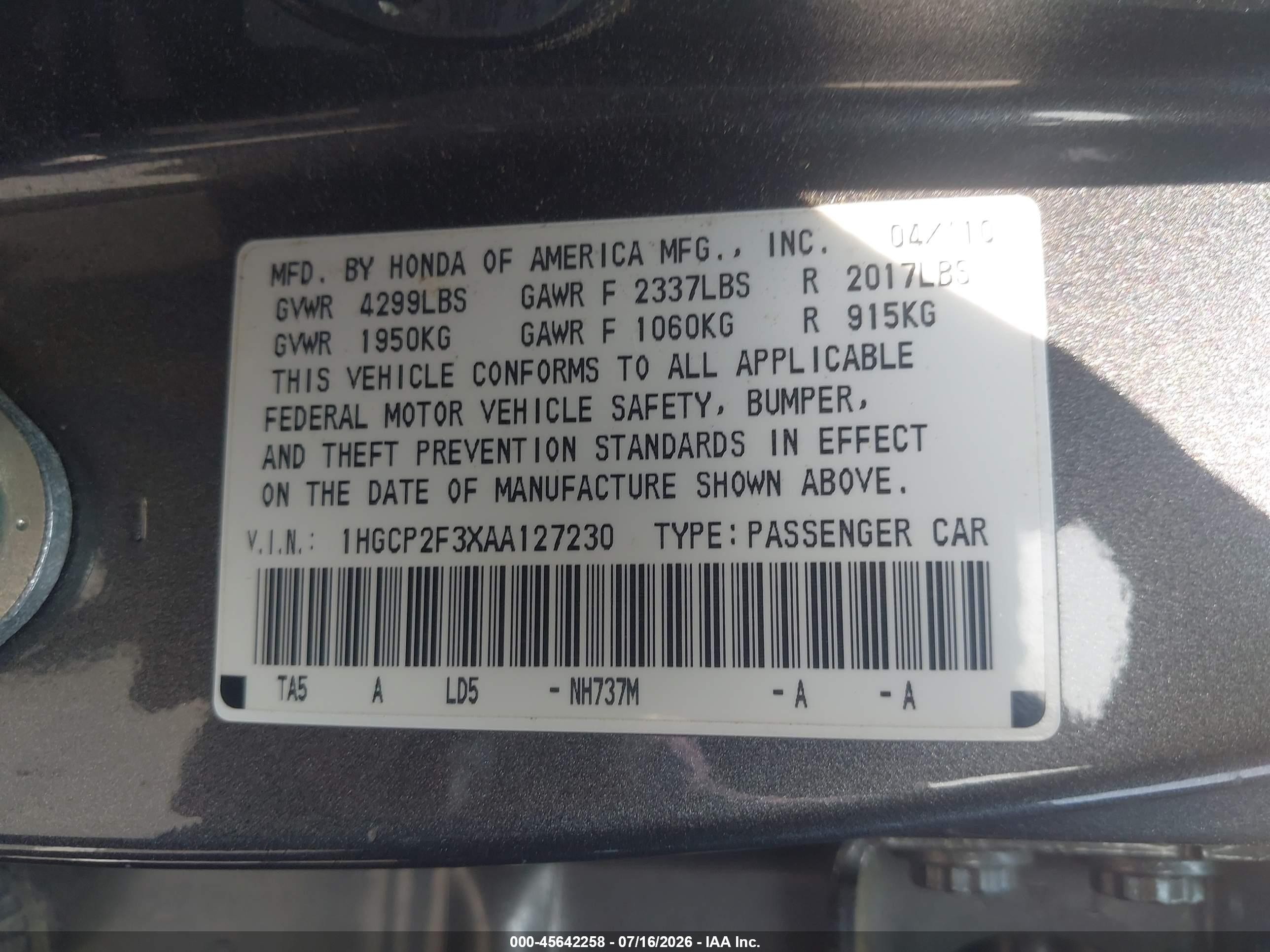 2010 Honda Accord 2.4 Lx Gray vin: 1HGCP2F3XAA127230
