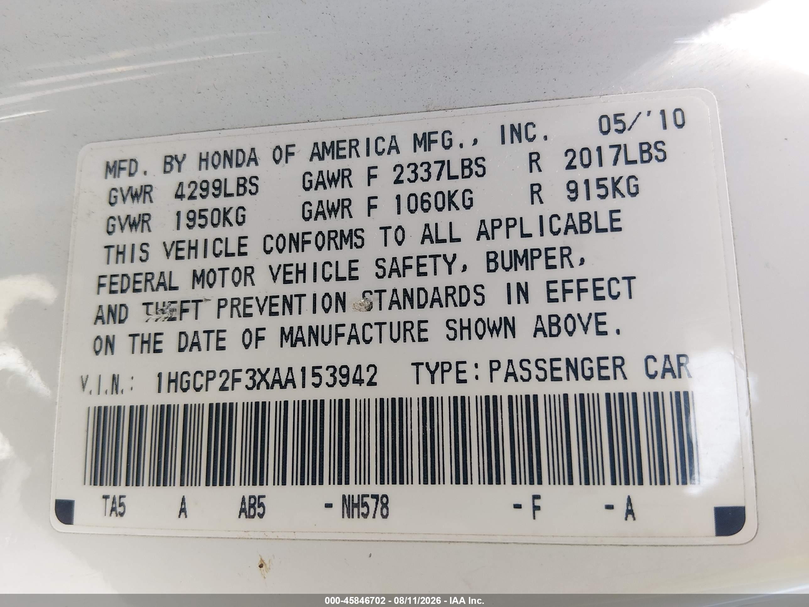2010 Honda Accord 2.4 Lx White vin: 1HGCP2F3XAA153942