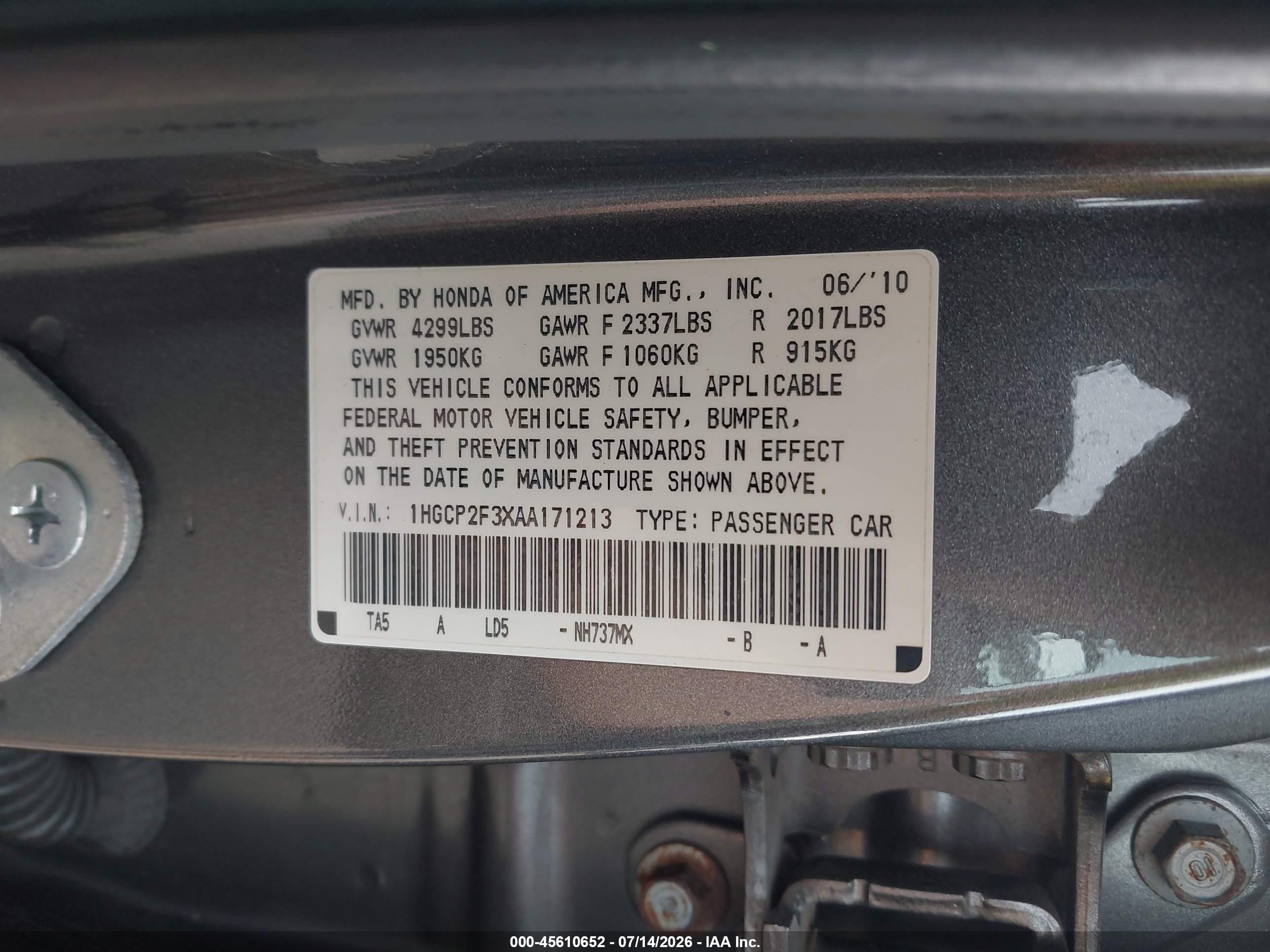 2010 Honda Accord 2.4 Lx Серый vin: 1HGCP2F3XAA171213