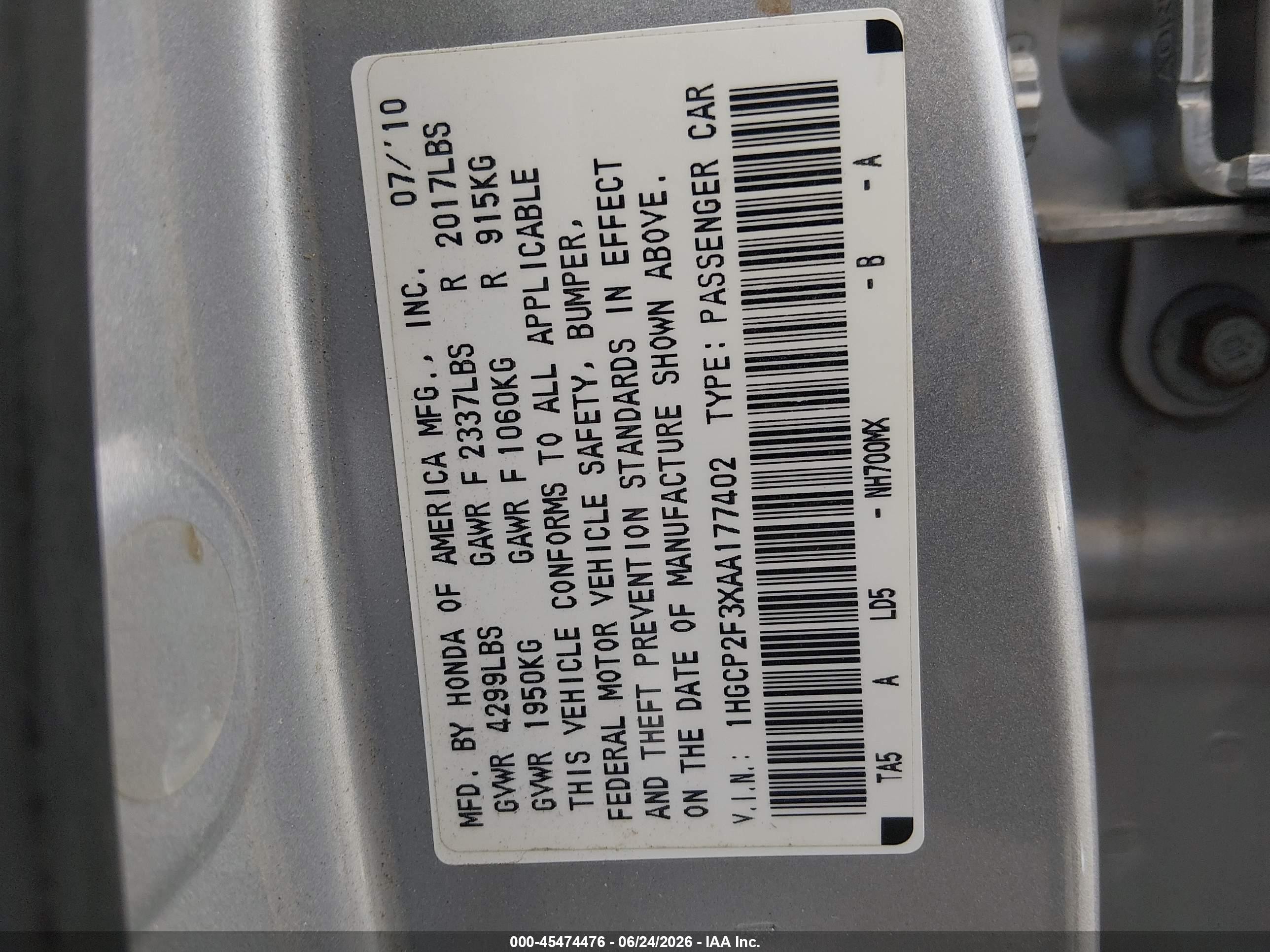2010 Honda Accord 2.4 Lx Silver vin: 1HGCP2F3XAA177402