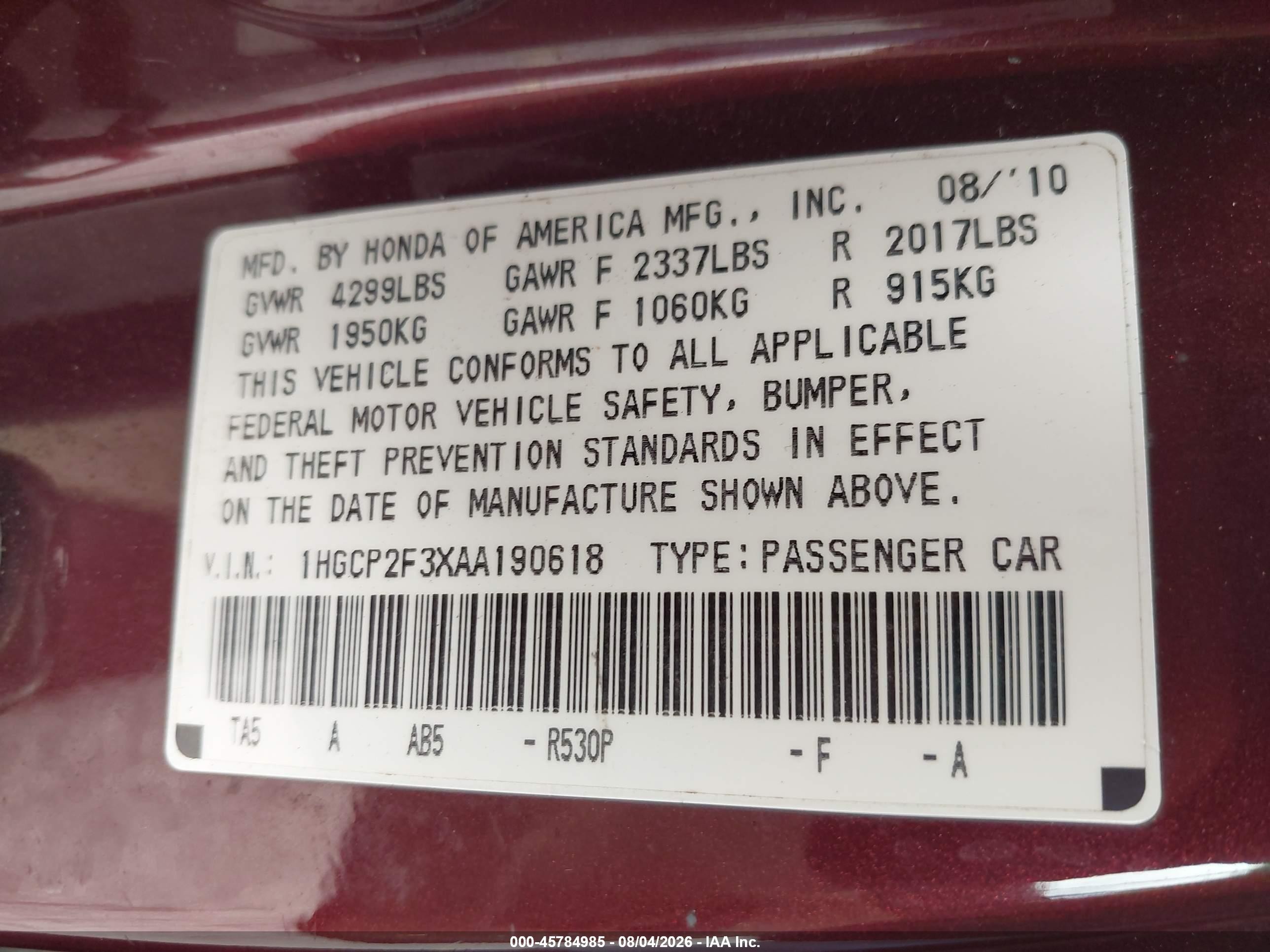 2010 Honda Accord 2.4 Lx Бордовый vin: 1HGCP2F3XAA190618