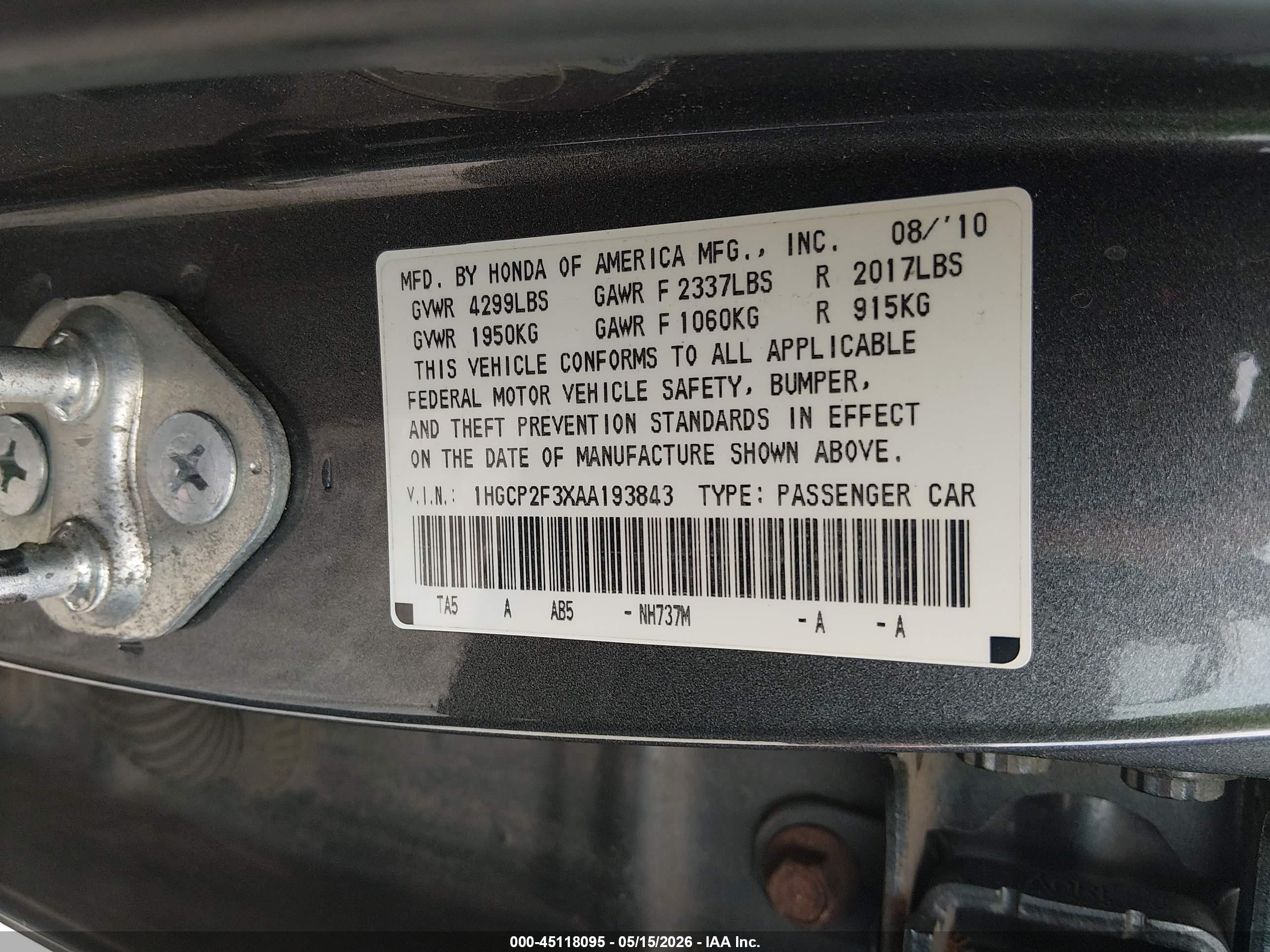 2010 Honda Accord 2.4 Lx Серый vin: 1HGCP2F3XAA193843