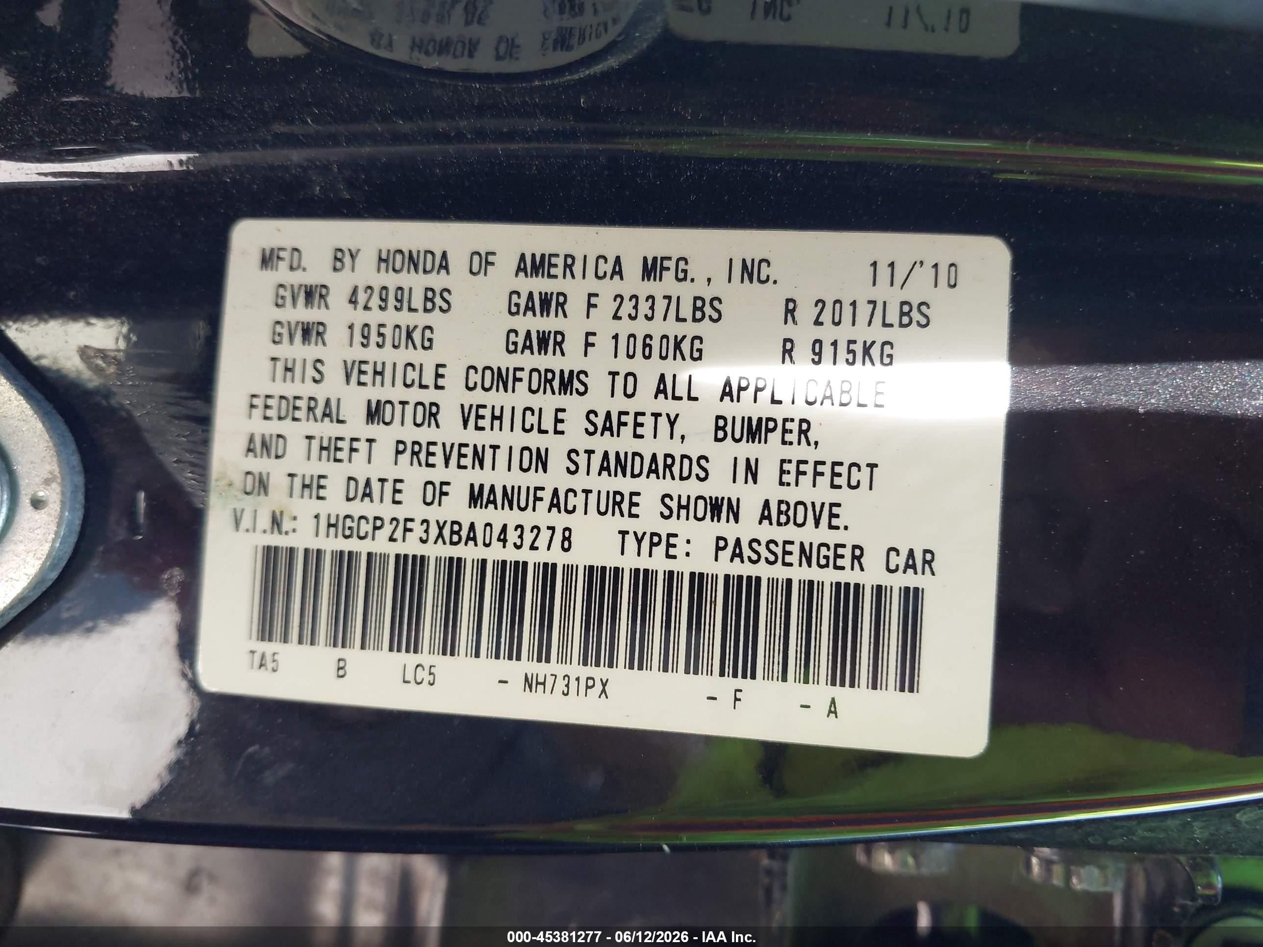 2011 Honda Accord 2.4 Lx Black vin: 1HGCP2F3XBA043278