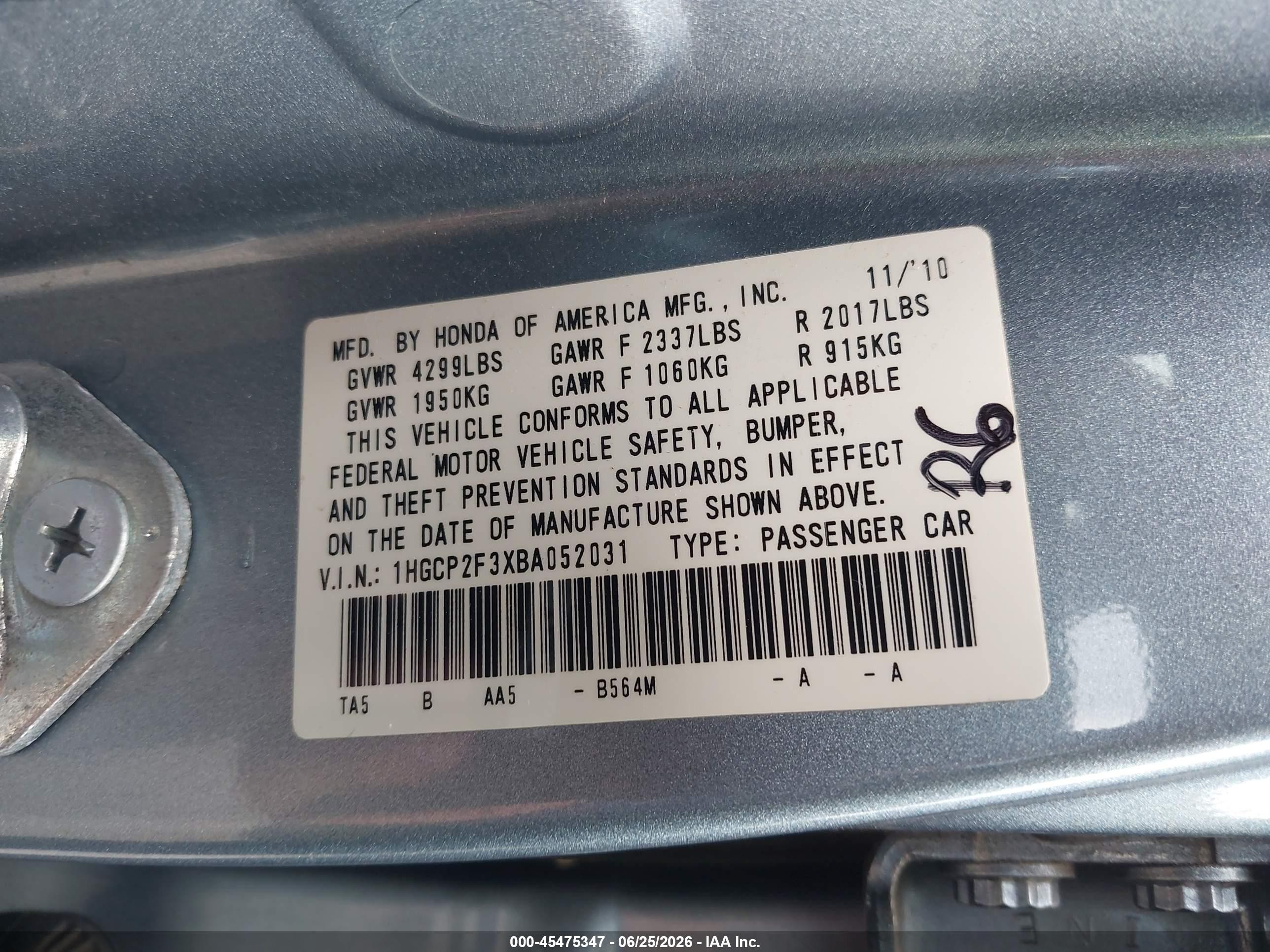 2011 Honda Accord 2.4 Lx Light Blue vin: 1HGCP2F3XBA052031