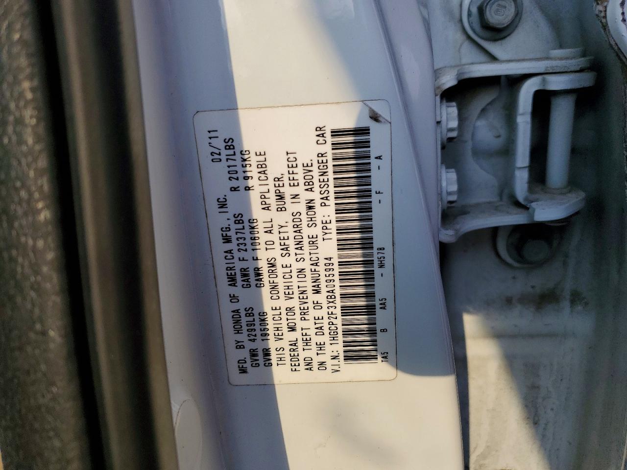 2011 Honda Accord Lx White vin: 1HGCP2F3XBA095994