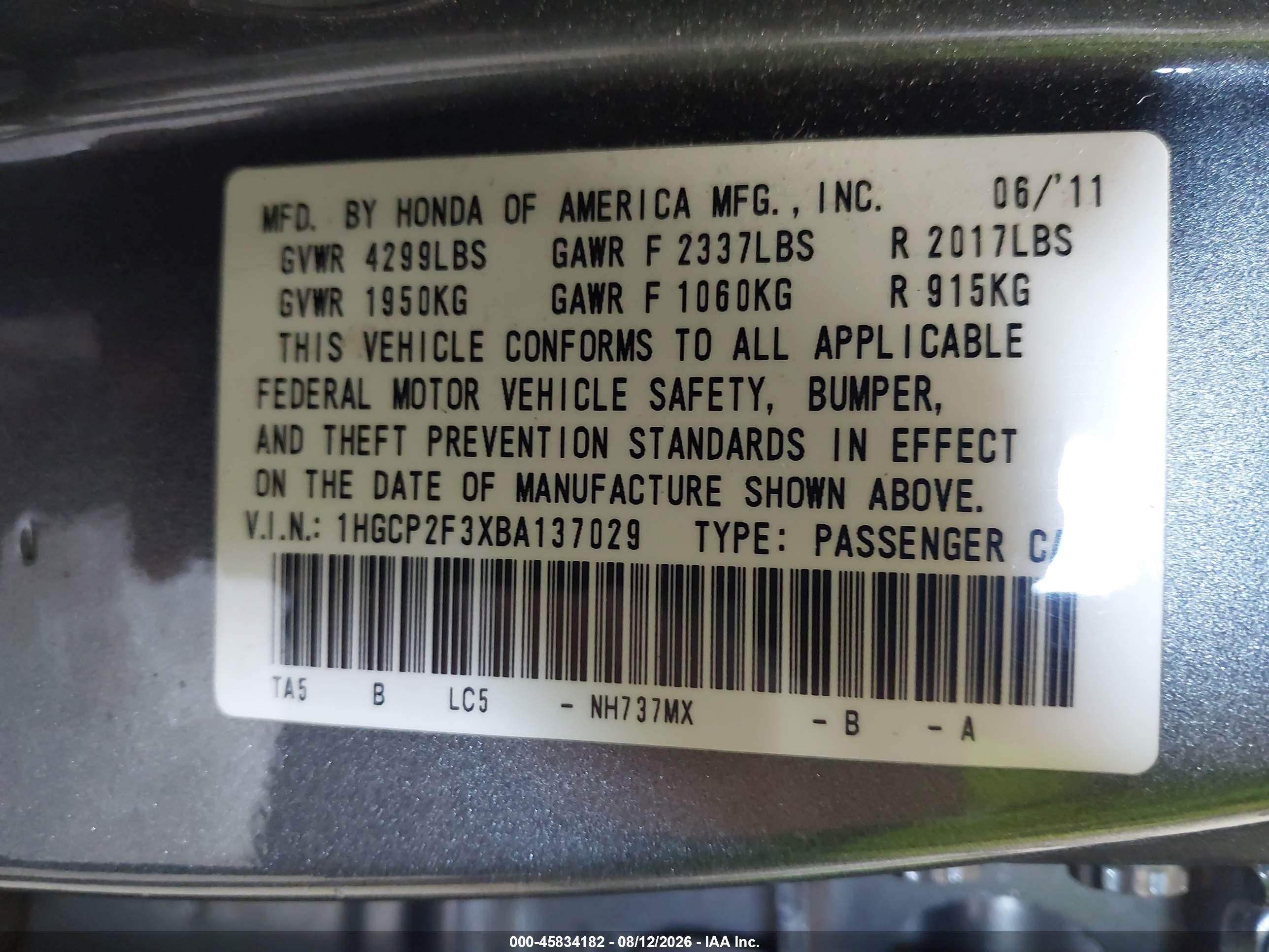 2011 Honda Accord 2.4 Lx Gray vin: 1HGCP2F3XBA137029