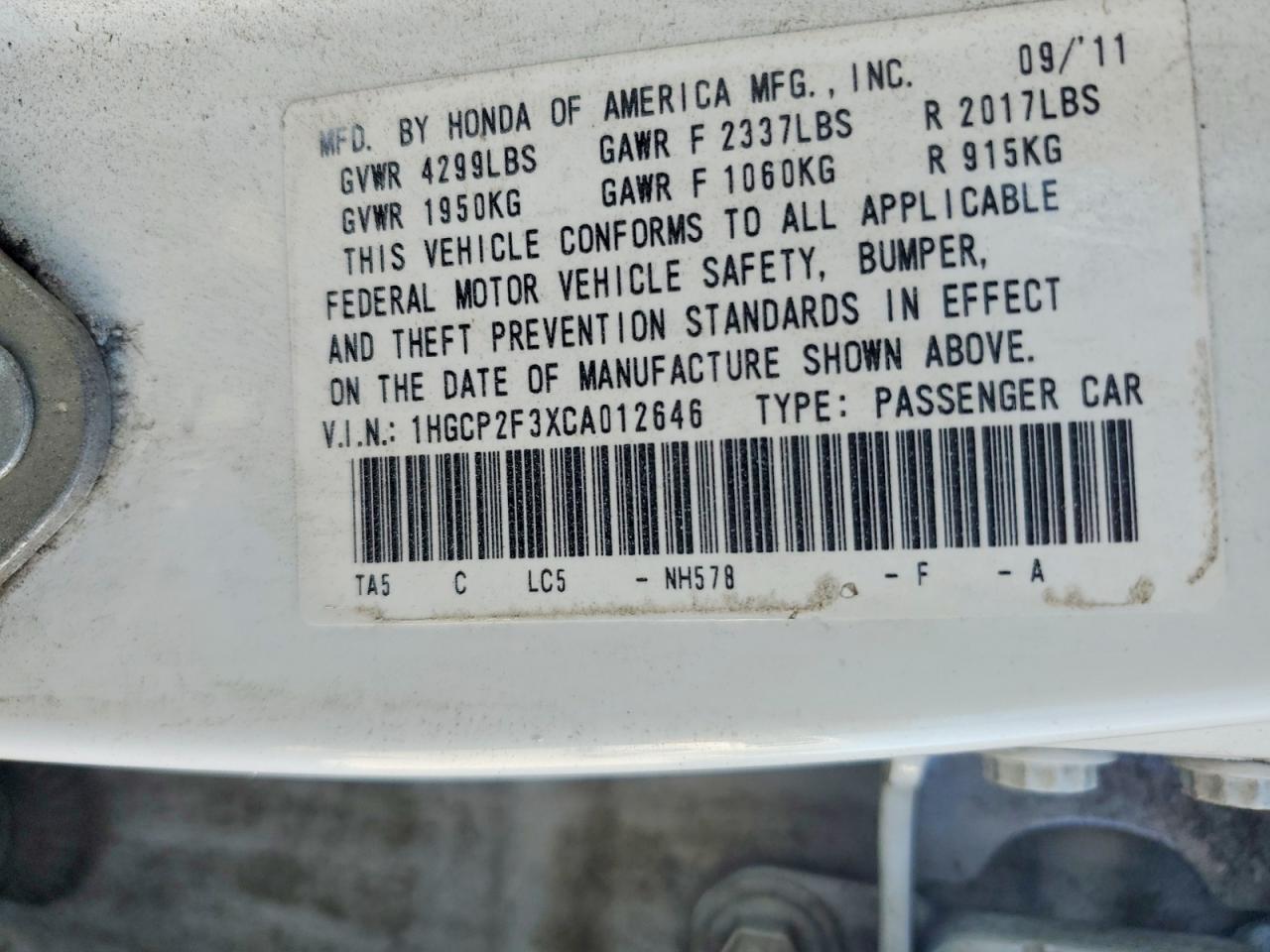 2012 Honda Accord Lx Белый vin: 1HGCP2F3XCA012646