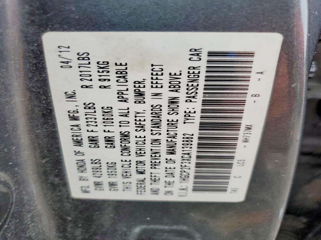 2012 Honda Accord Lx Gray vin: 1HGCP2F3XCA139882